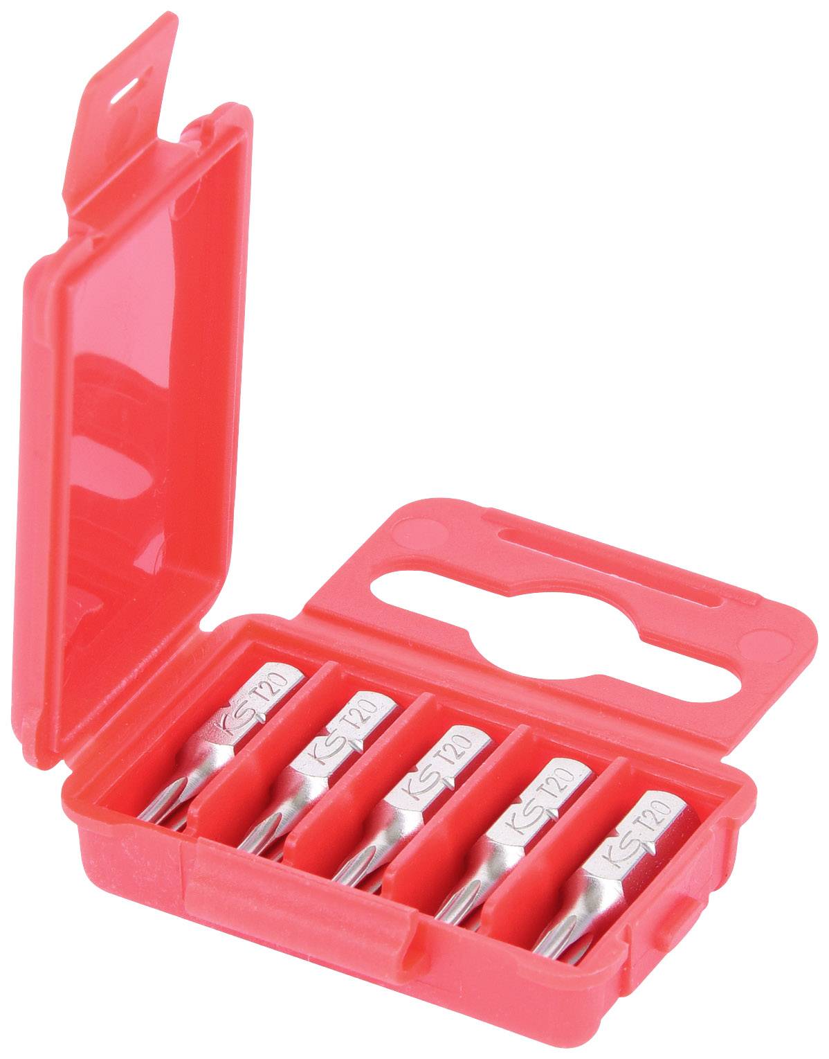 Rotes Plastikgehäuse mit einer offenen Klappe, das vier silberne Schraubendreherbits enthält, die symmetrisch nebeneinander angeordnet sind.