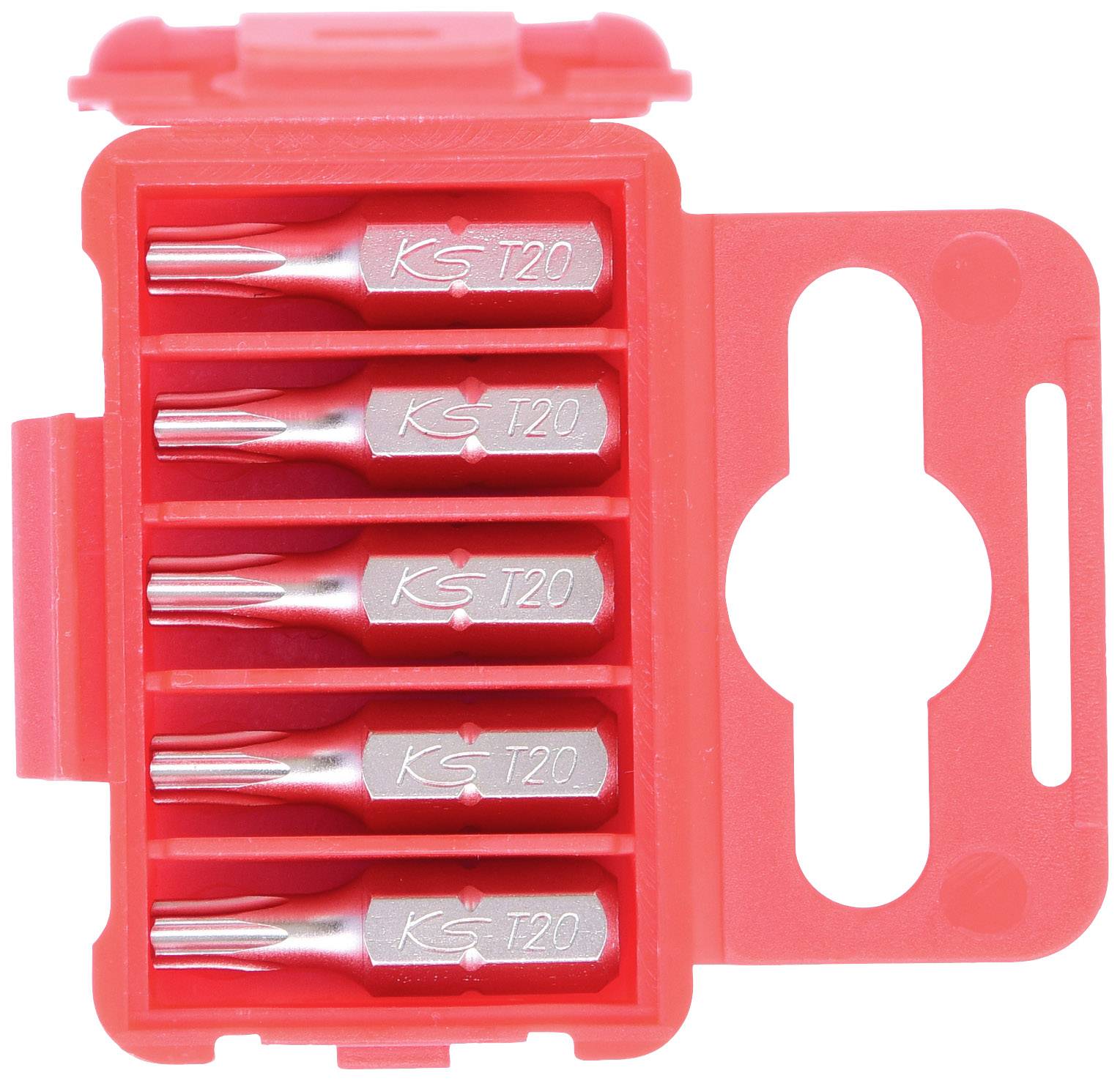 Ein rotes Gehäuse mit fünf T20-Torx-Bits, geordnet in einem transparenten Fach zur sicheren Aufbewahrung und einfachen Zugänglichkeit.