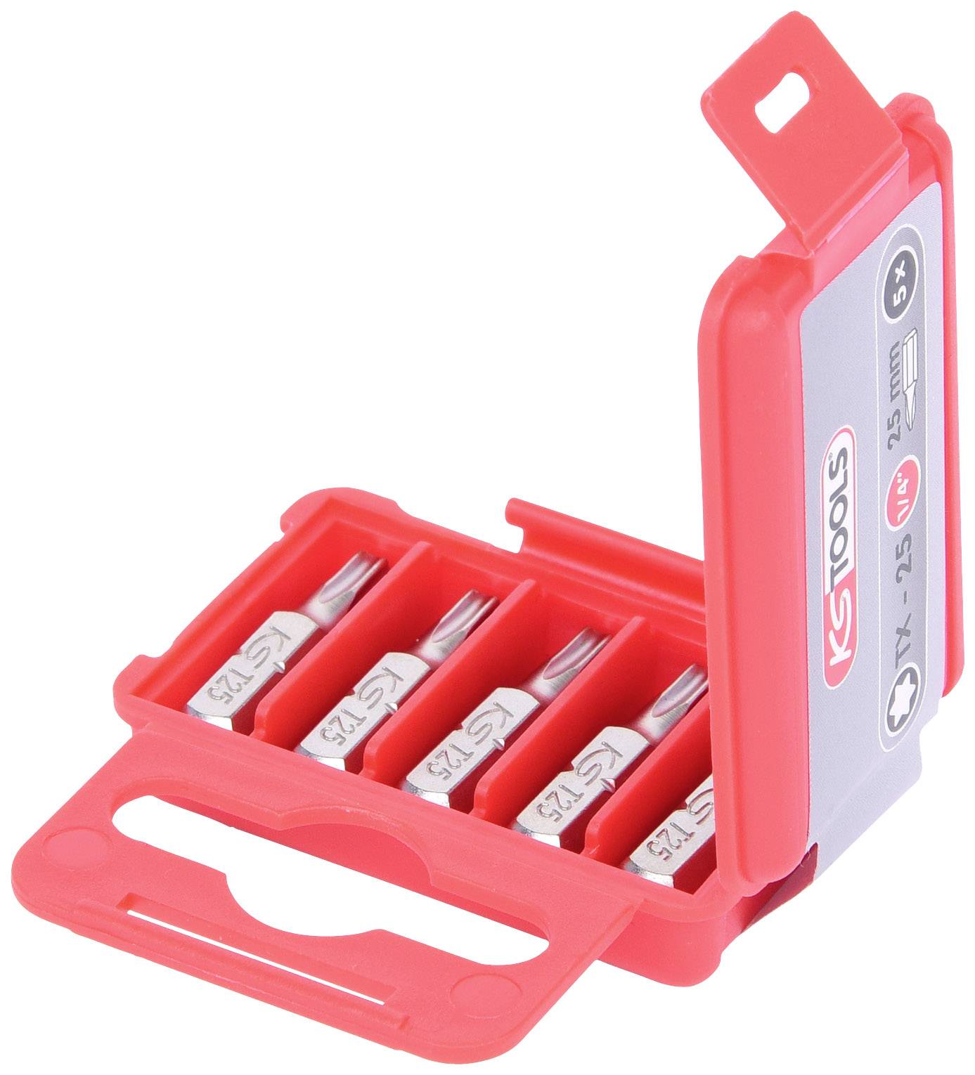 Rote Box mit fünf silbernen Sicherungen, teilweise geöffnet. Jede Sicherung ist mit '5A' beschriftet und in einem separaten Fach gesichert.