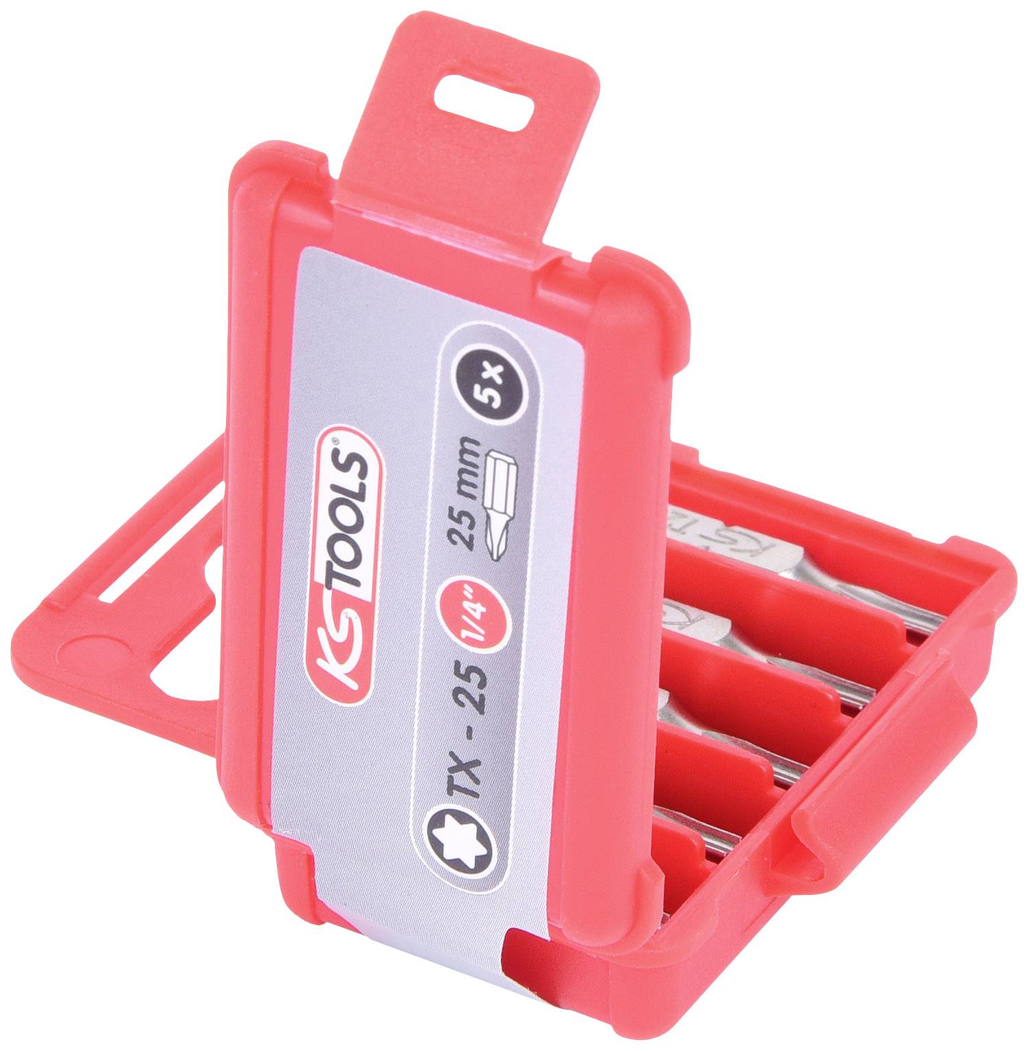 Rotes Kunststoffetui mit fünf Torx-Bits von KS Tools. Aufschrift auf dem Etikett: 'TX - 25 1/4