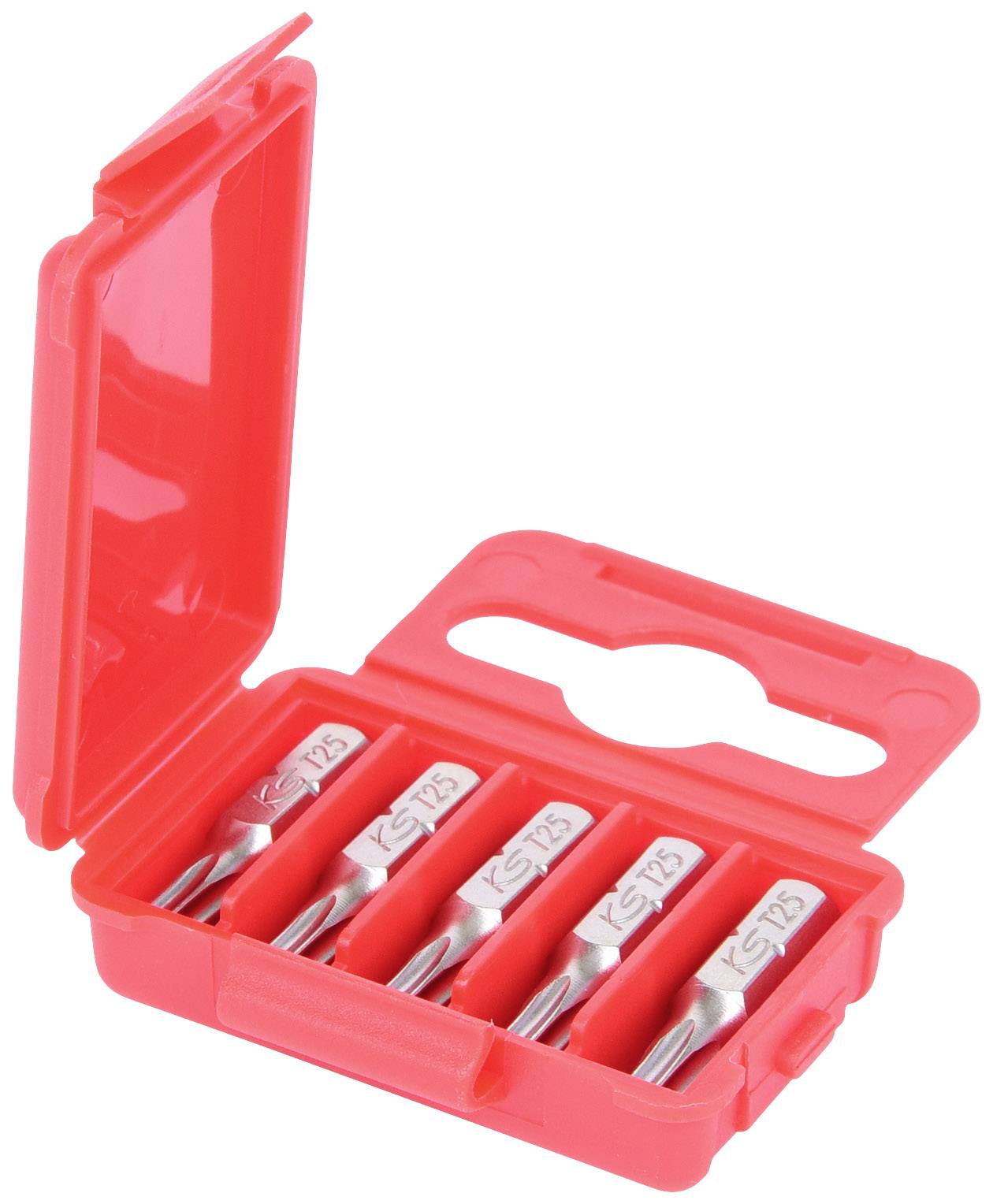 Rotes Kunststoffetui mit vier silbernen Schraubenzieher-Bits. Das Etui ist geöffnet und die Bits sind nebeneinander angeordnet.