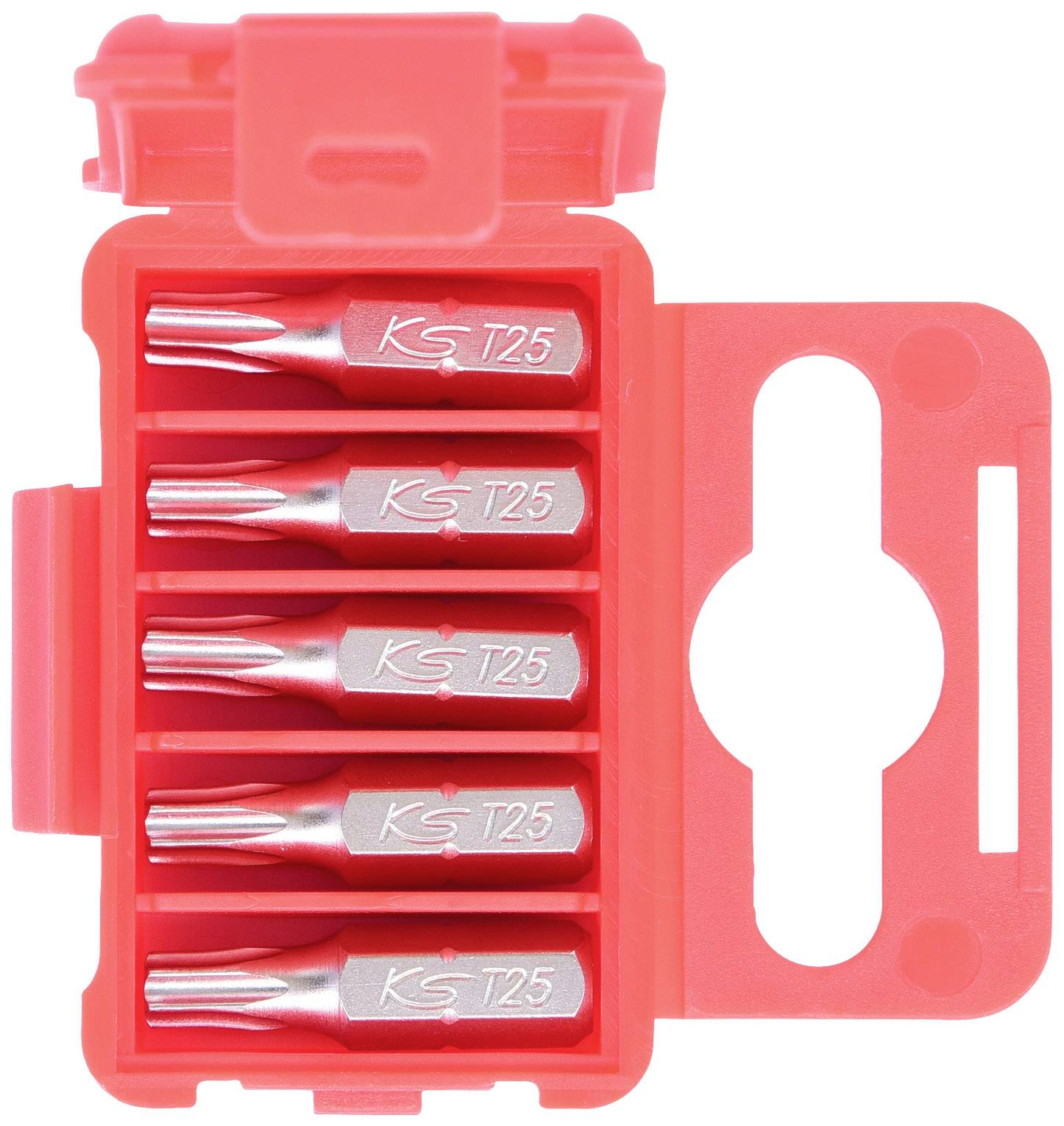 Fünf Torx T25-Bits in einer roten, offenen Kunststoffbox angeordnet.