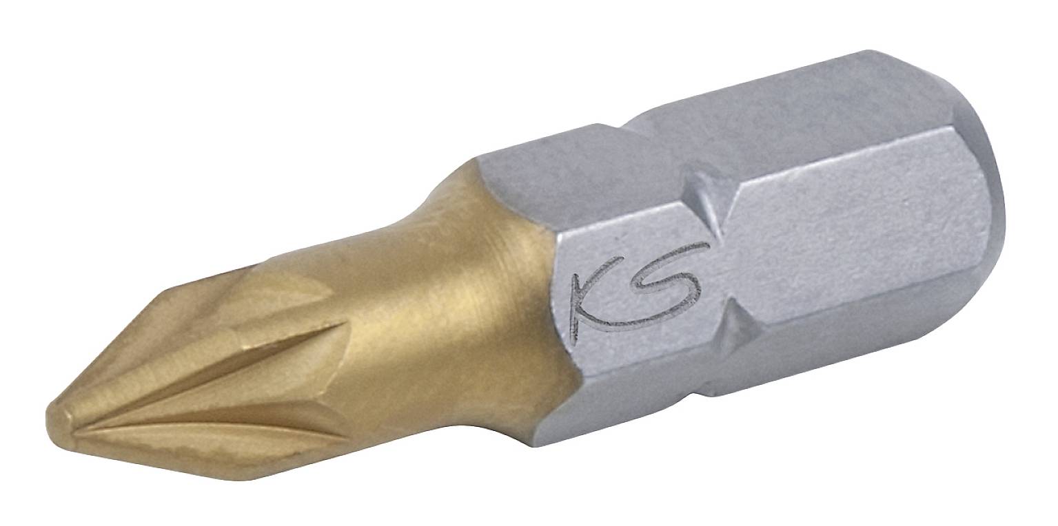 Ein goldfarbenes Schraubendreherbit mit sechseckigem Schaft.