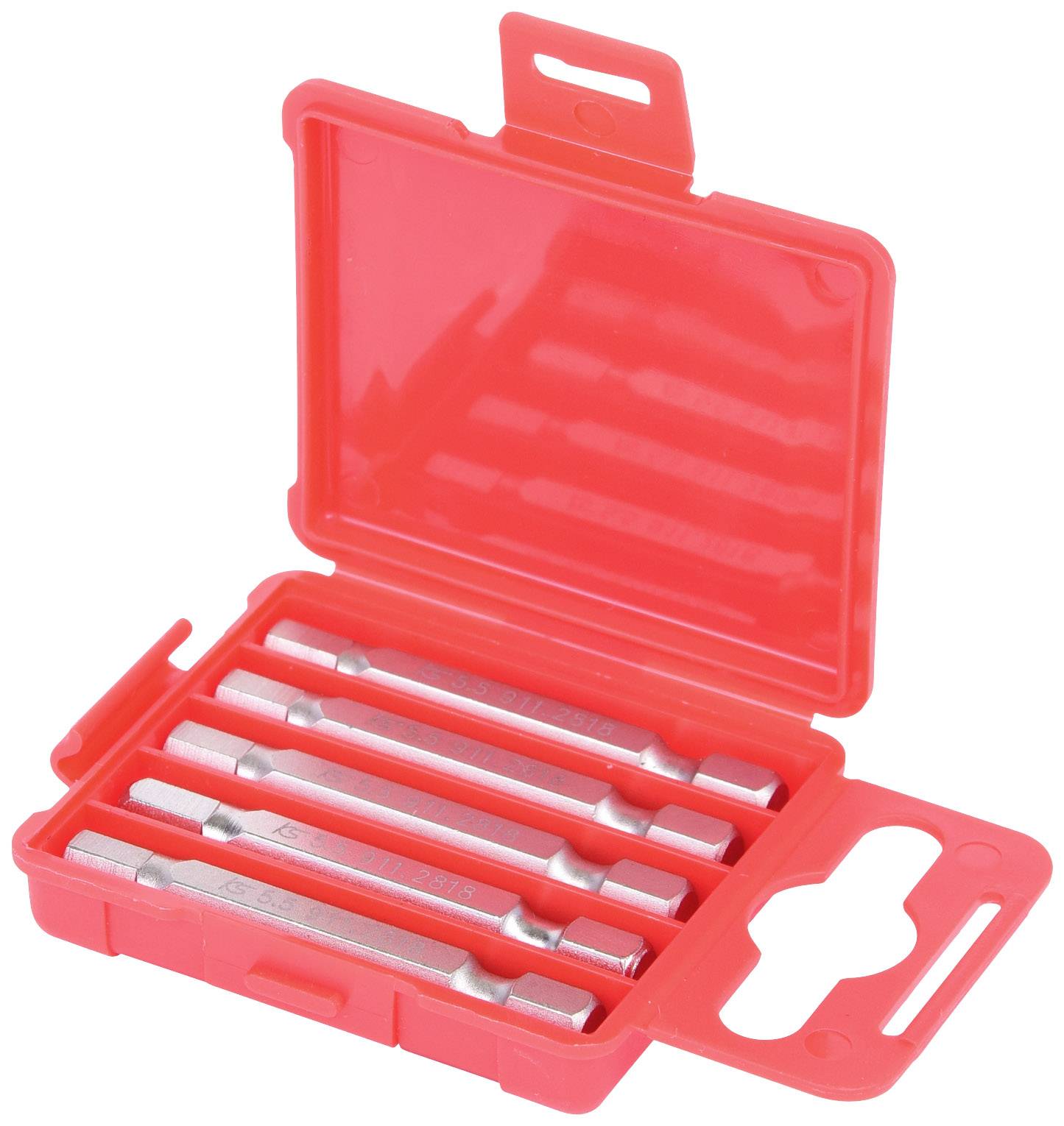 Ein rotes Etui mit fünf silbernen Schraubendreherbits, geordnet in separaten Fächern.