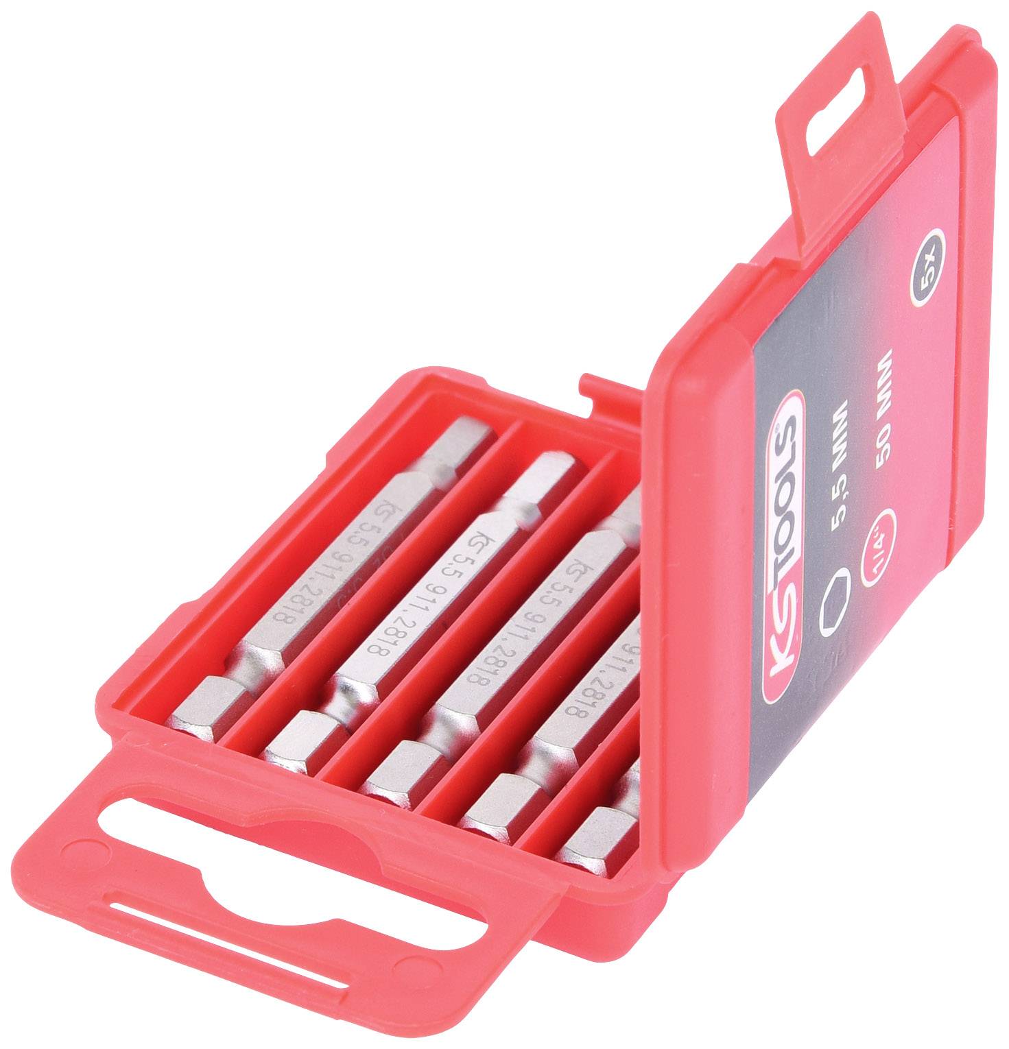 Ein offener roter Kasten mit fünf silbernen Inbusschlüsseln, auf dem Etikett ist 'KS TOOLS', Größenangabe: 5,5 mm.