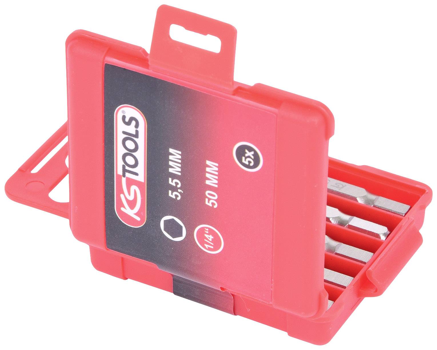 Roter Kunststoffbehälter mit der Aufschrift 'KS TOOLS', enthält fünf silberne Werkzeugaufsätze, Größenangaben 5,5 mm und 50 mm.