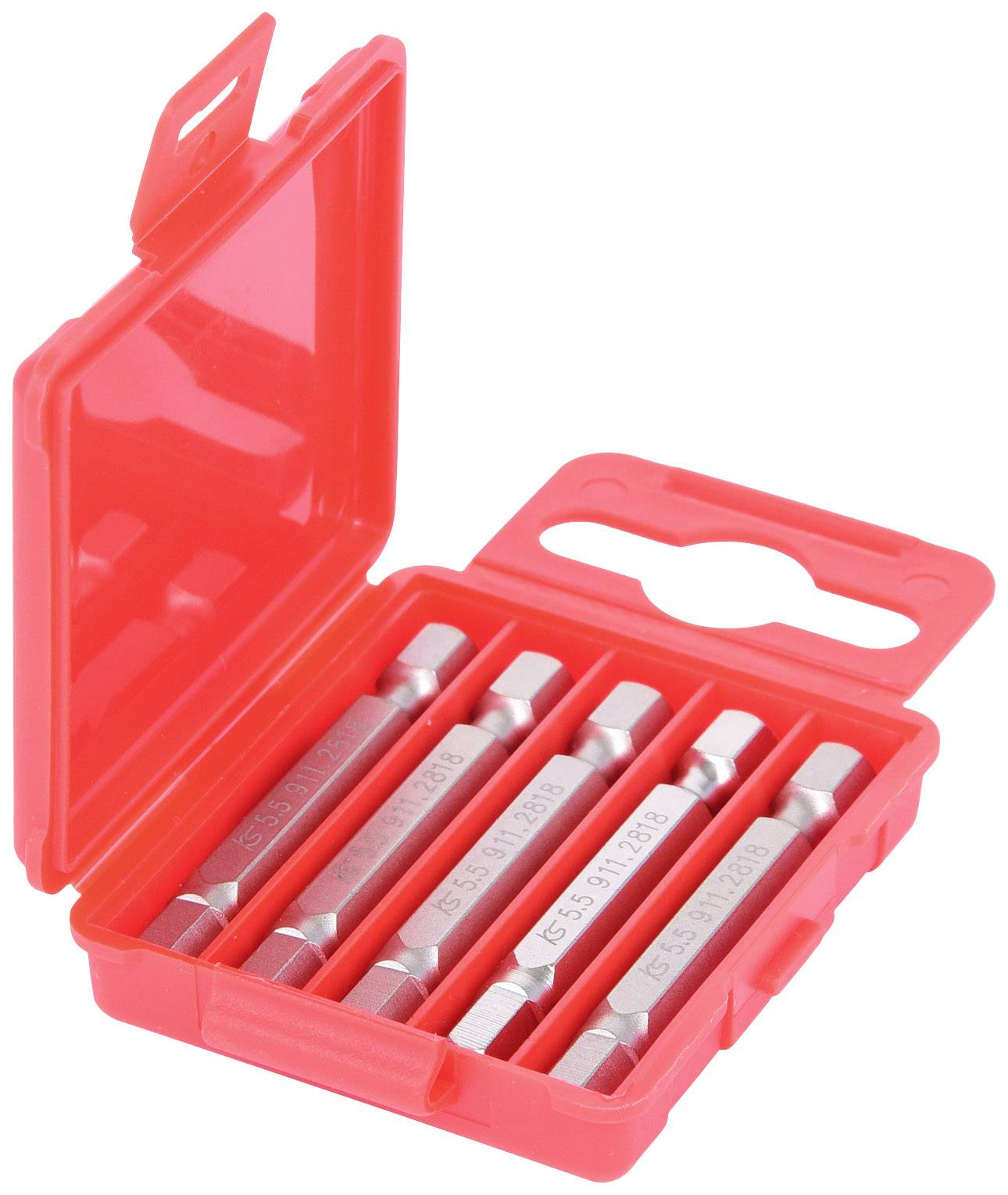 Rote Kunststoffbox mit fünf silbernen Bit-Einsätzen für Schraubendreher. Die Box ist offen und die Bits sind parallel angeordnet.