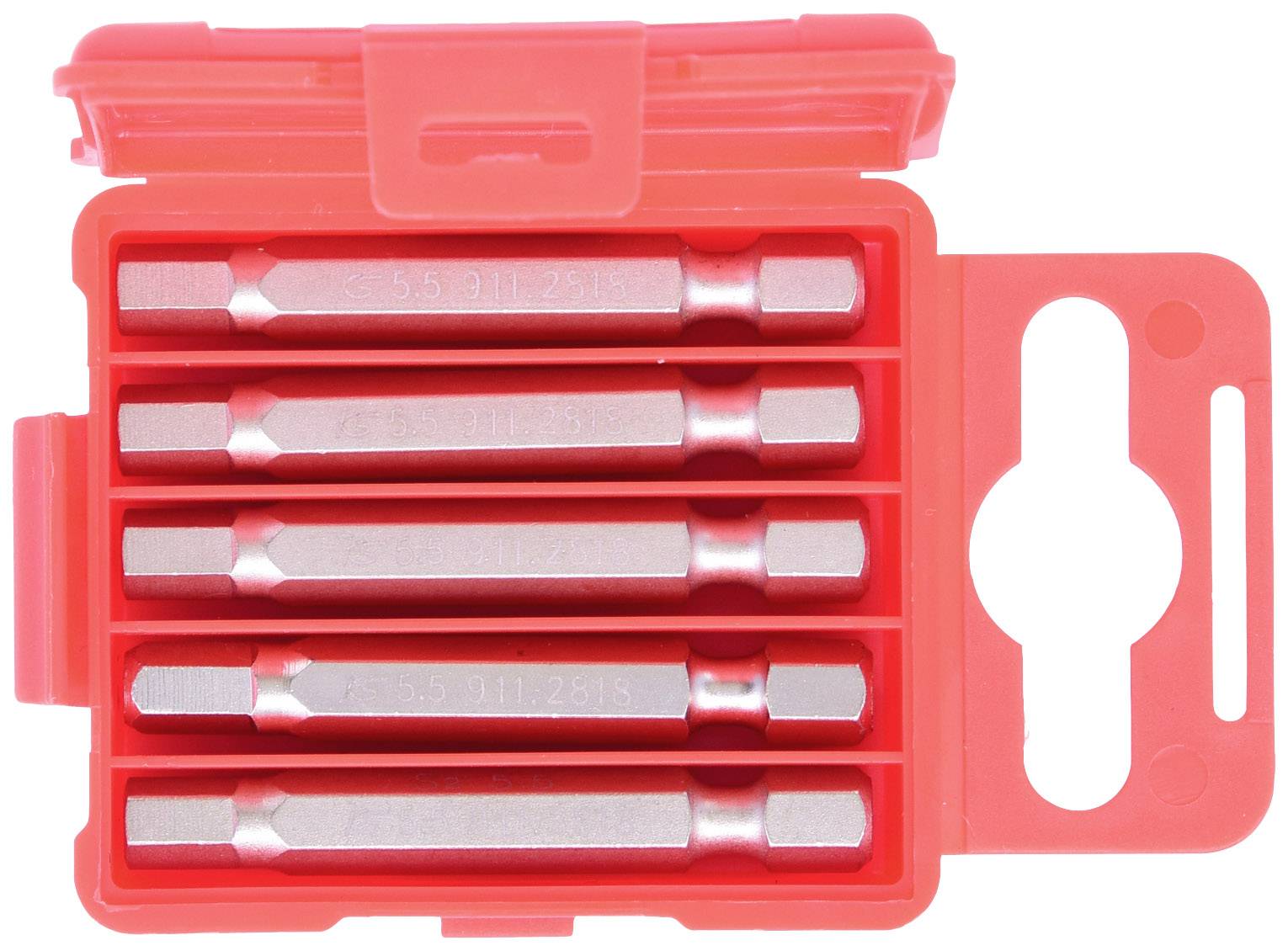 Ein rotes Gehäuse mit fünf silbernen Schraubendreher-Bits in individuellen Fächern, geeignet für Handwerkzeuge.