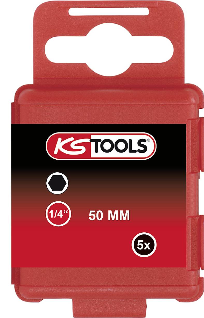 Rote Verpackung mit schwarzem Etikett für 'KS TOOLS'. Enthält 5 Teile, 1/4 Zoll, 50 mm, mit sechseckigem Symbol.