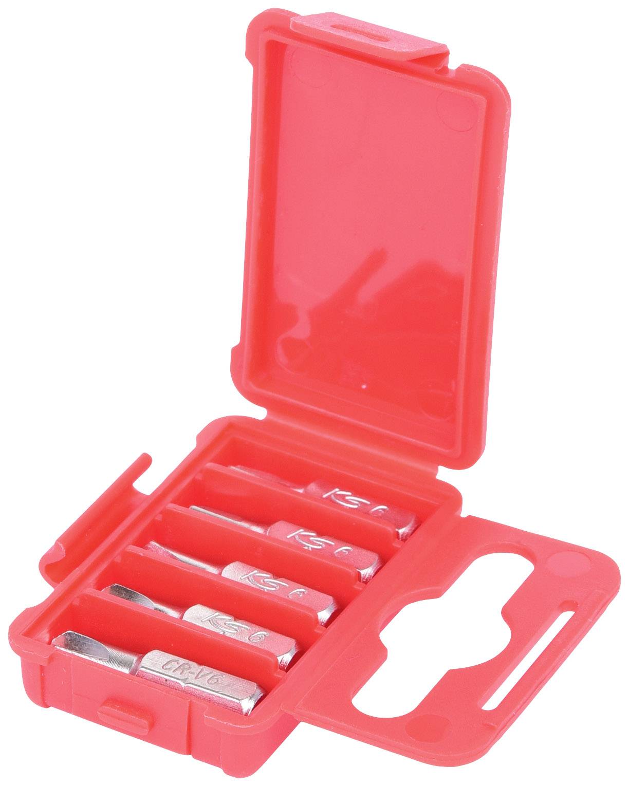 Rotes Etui mit fünf Sechskant-Bits in verschiedenen Größen, geöffnet und einsatzbereit.