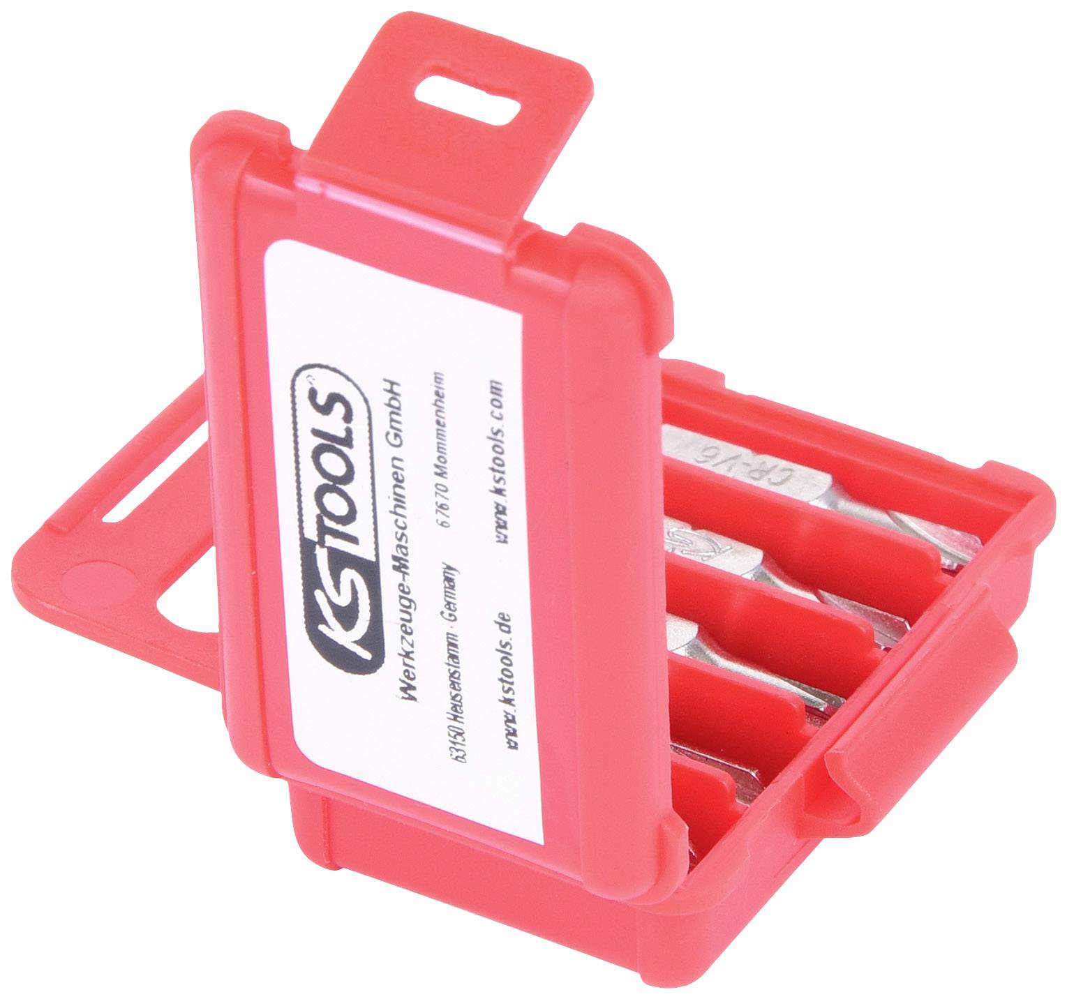 Ein roter Kunststoffkoffer von KS Tools mit einem Satz von Bits. Der Koffer hat ein klares Etikett mit der Aufschrift des Firmennamens.