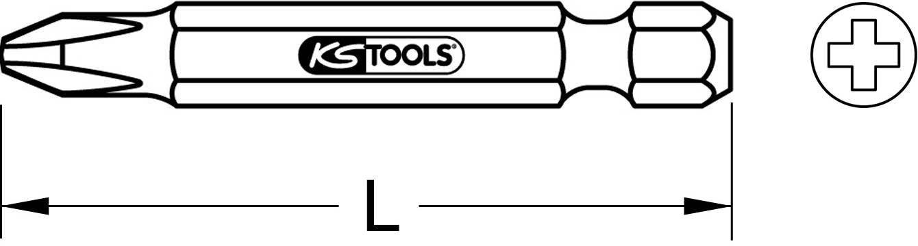 Illustration eines Kreuz-Schraubendreherbits mit der Aufschrift 'KS TOOLS'. Links ist die Länge 'L' angegeben, rechts ein Kreuzsymbol.