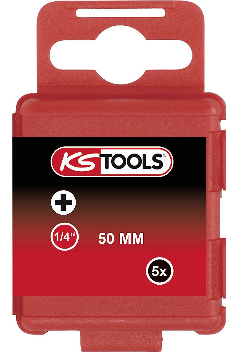 Rote Kunststoffverpackung mit dem Logo von 'KS TOOLS'. Aufschrift: '1/4