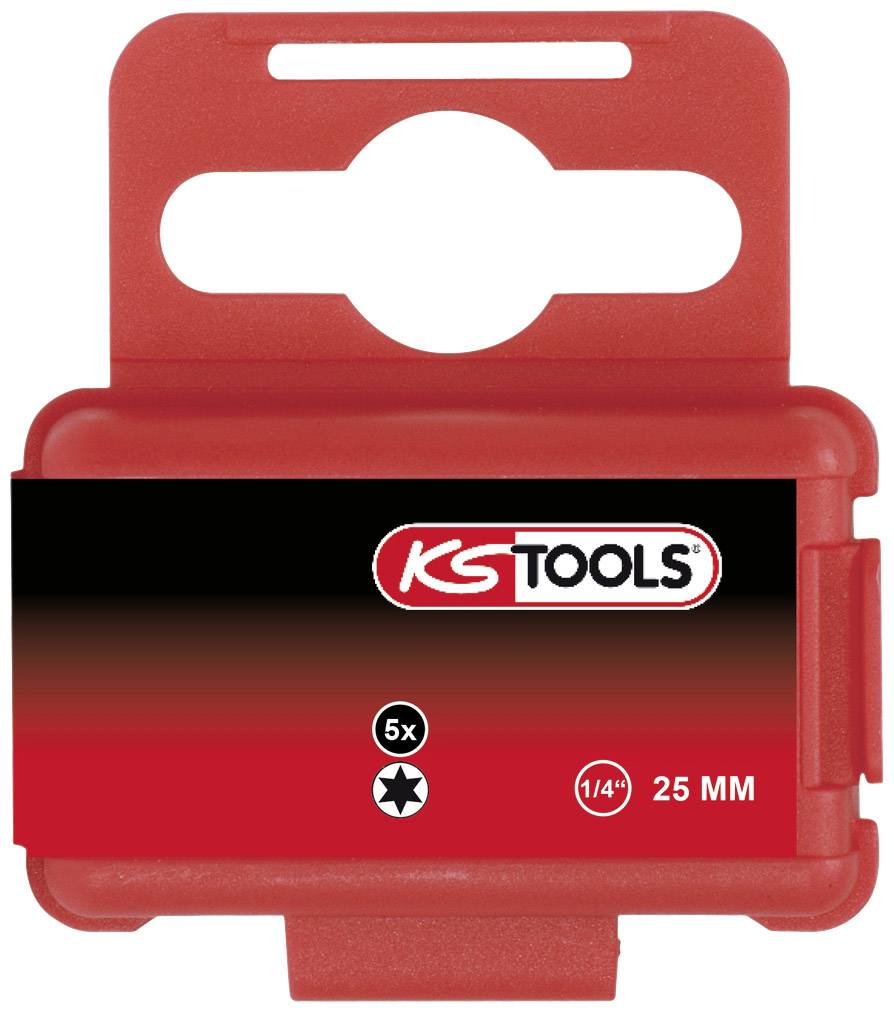 Rote Kunststoffverpackung mit 'KS Tools' Logo, enthält 5 Sterneinsätze, 1/4 Zoll, 25 mm, zum Aufhängen geeignet.