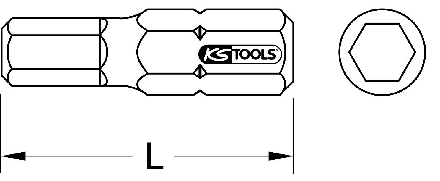 Abbildung eines sechskantigen Werkzeugs von KS Tools mit Länge 'L' markiert. Links das Seitenprofil, rechts die Sechskantansicht.