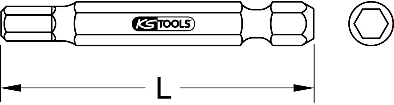 Technische Zeichnung eines Inbus-Bits mit der Aufschrift 'KS Tools'. Links eine Seitenansicht mit Maßen, rechts eine Ansicht von vorn.