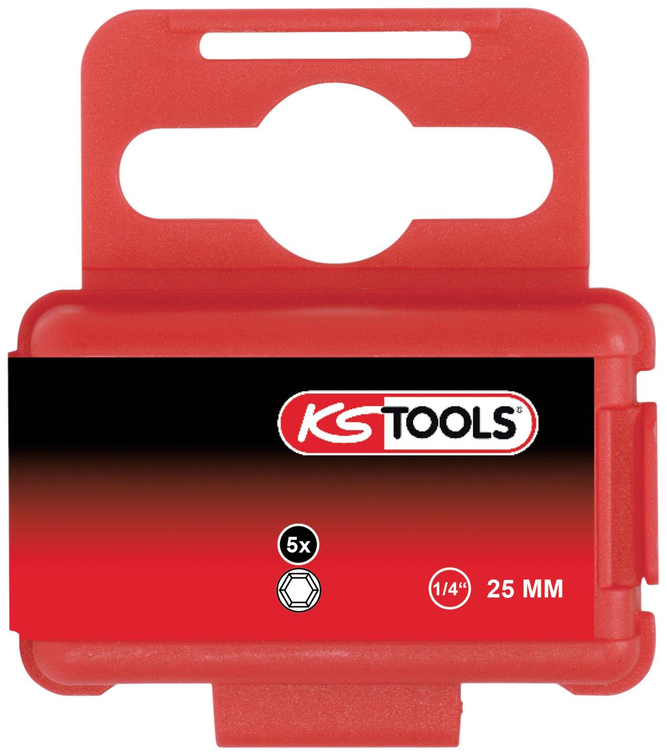 Rote Kunststoffbox mit KS Tools-Logo, geeignet zur Aufbewahrung von Werkzeugen. Enthält Platz für 5 Sechskantwerkzeuge.