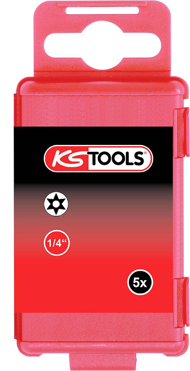 Rote Verpackung für Schraubendreherbits mit 'KG Tools'-Logo. Enthält 5 Bits, 1/4 Zoll, geeignet für Torx-Schrauben.