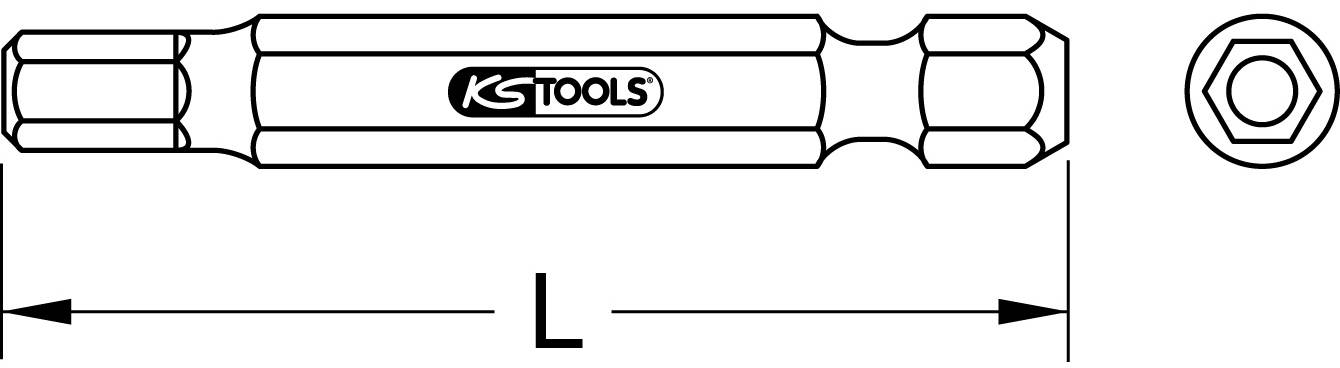 'KS Tools' Steckschlüssel-Bit-Abbildung, Längenmaß 'L' hervorgehoben, Seiten- und Obenansicht des Bits dargestellt.