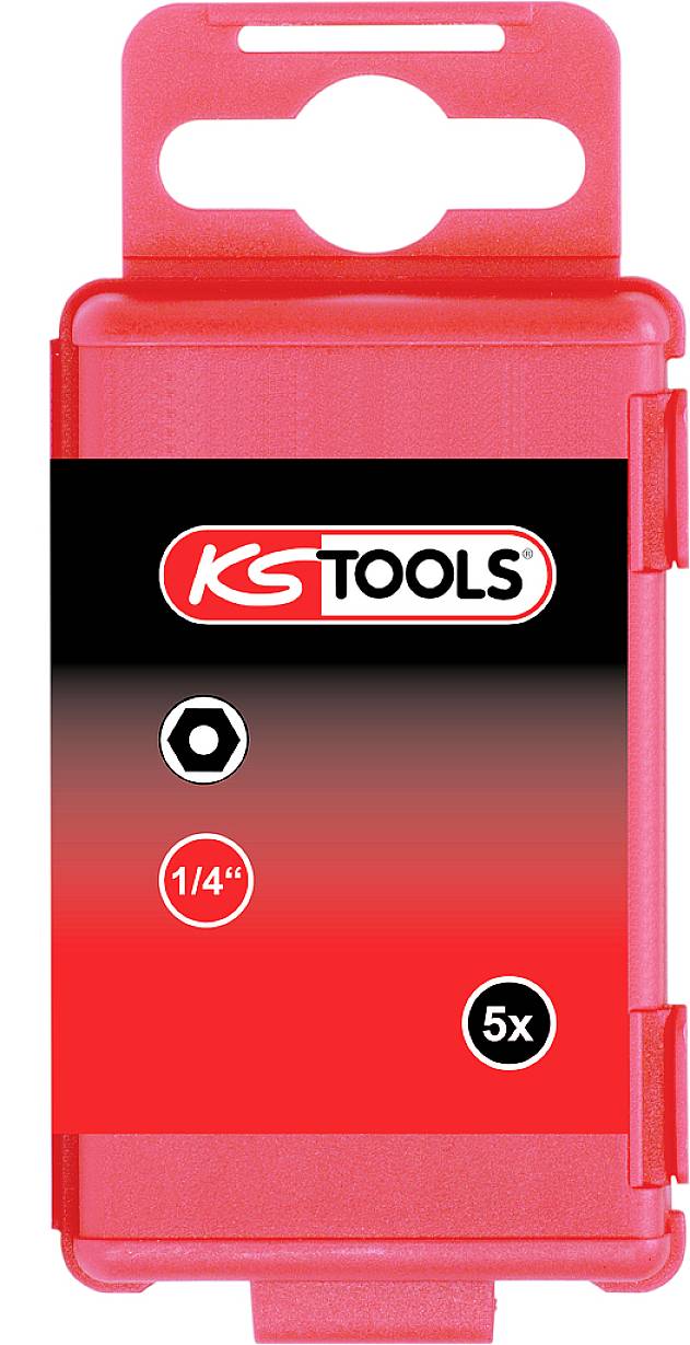 Rote Plastikverpackung mit 'KG Tools'-Logo, enthält fünf 1/4 Zoll Sechskantbits.