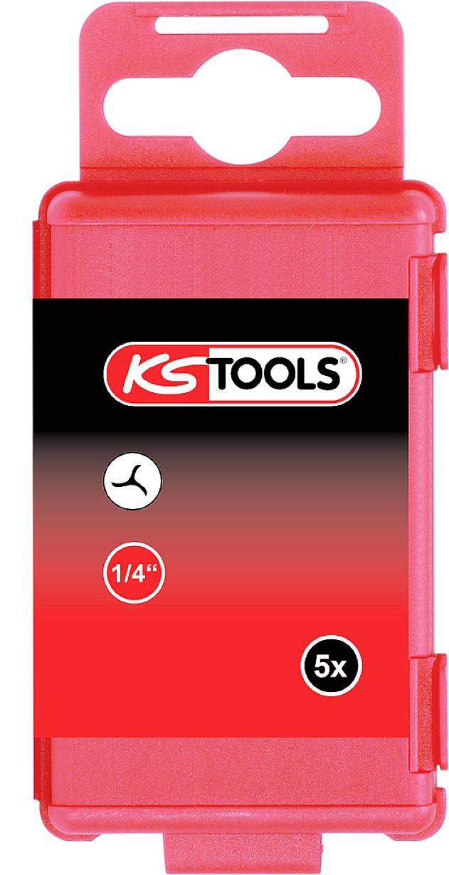 Rote Kunststoffbox mit 'KG Tools'-Logo, enthält fünf 1/4