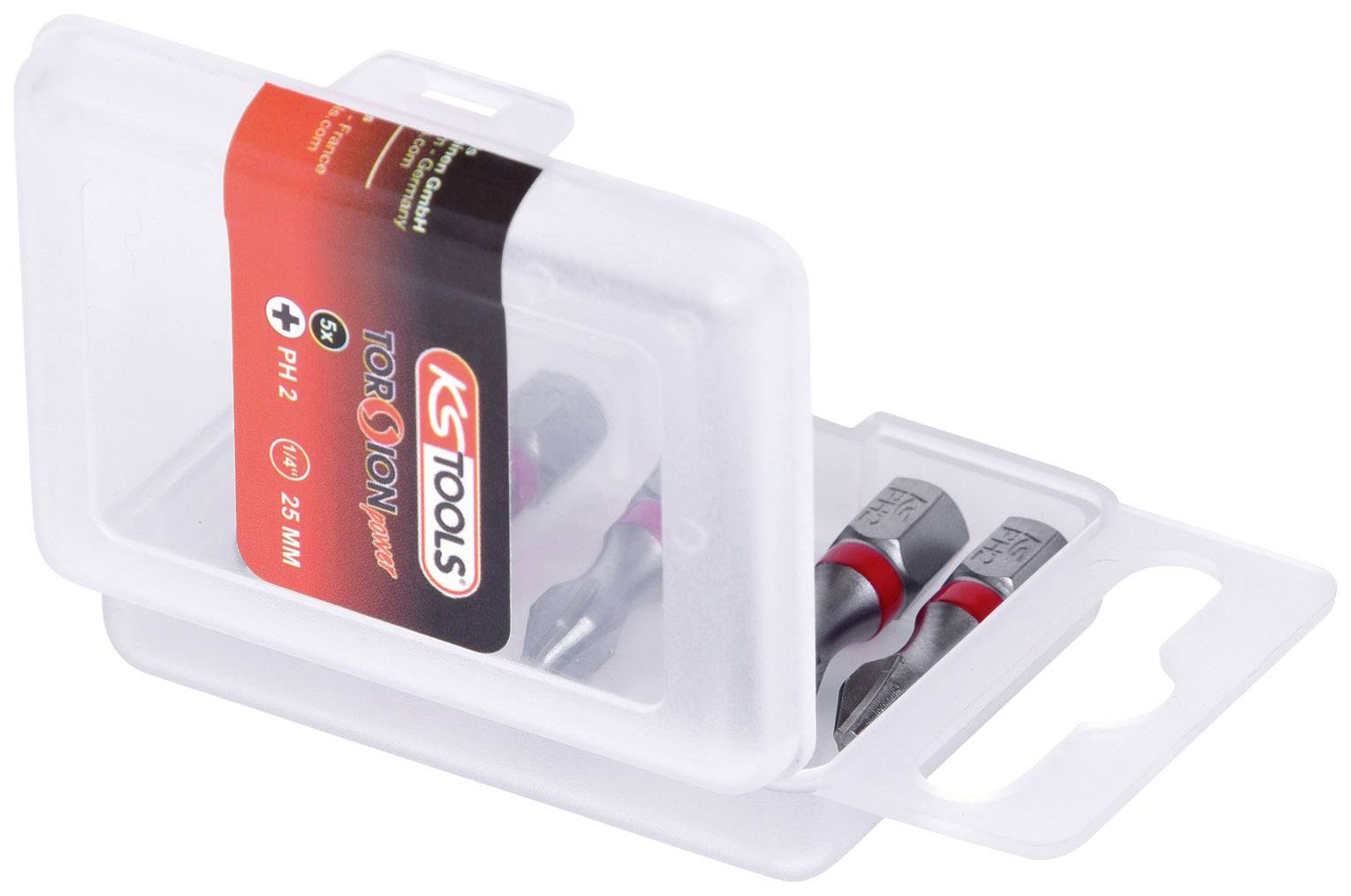 Ein transparenter Kunststoffbehälter mit 'KS Tools' Bits. Die Box ist leicht geöffnet und zeigt zwei Bits mit rotem Akzent.