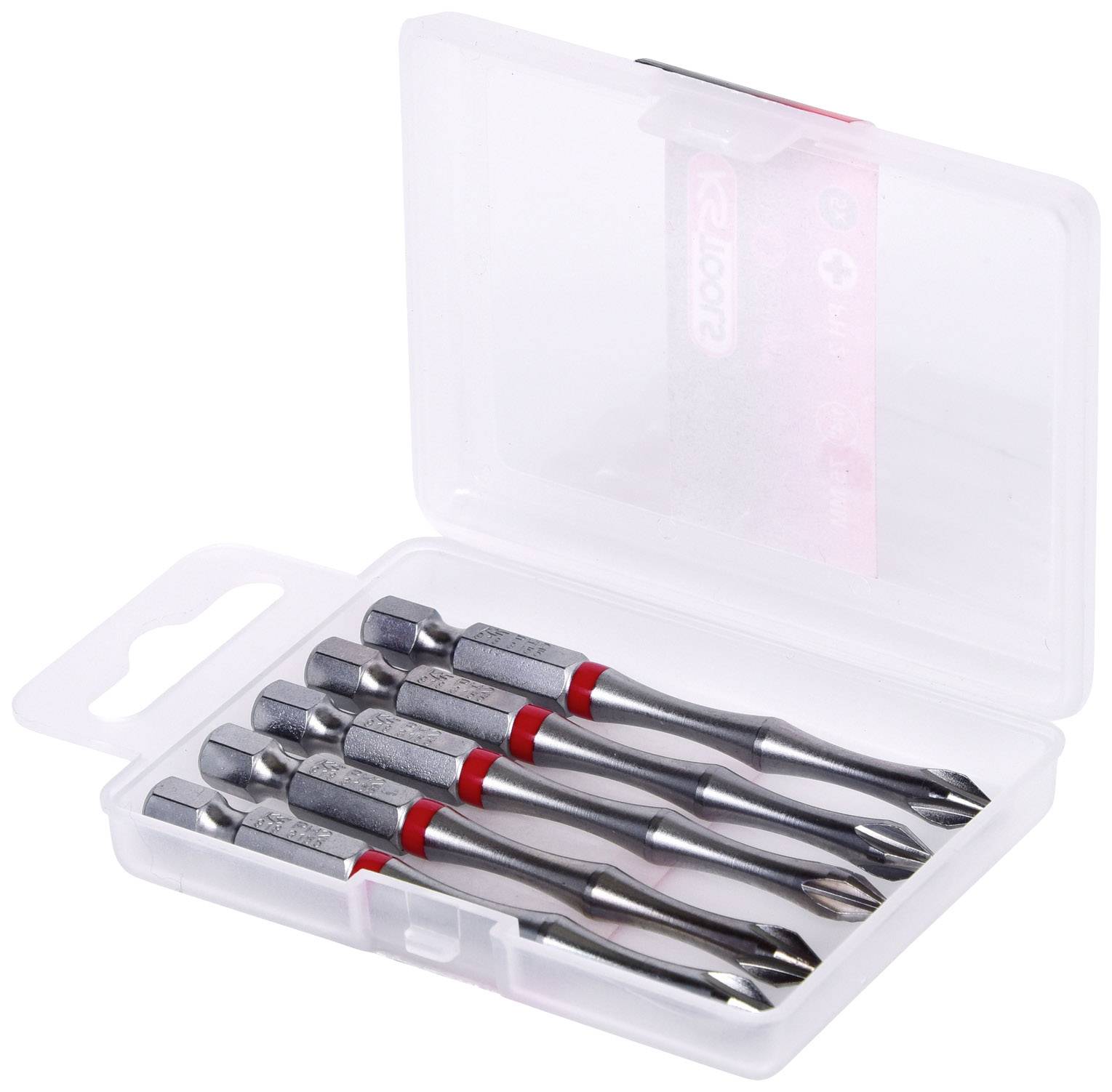 Eine Plastikbox mit fünf Schraubendrehern mit Metallspitzen und roten Markierungen, geöffnet, zeigt den Inhalt gut sichtbar.