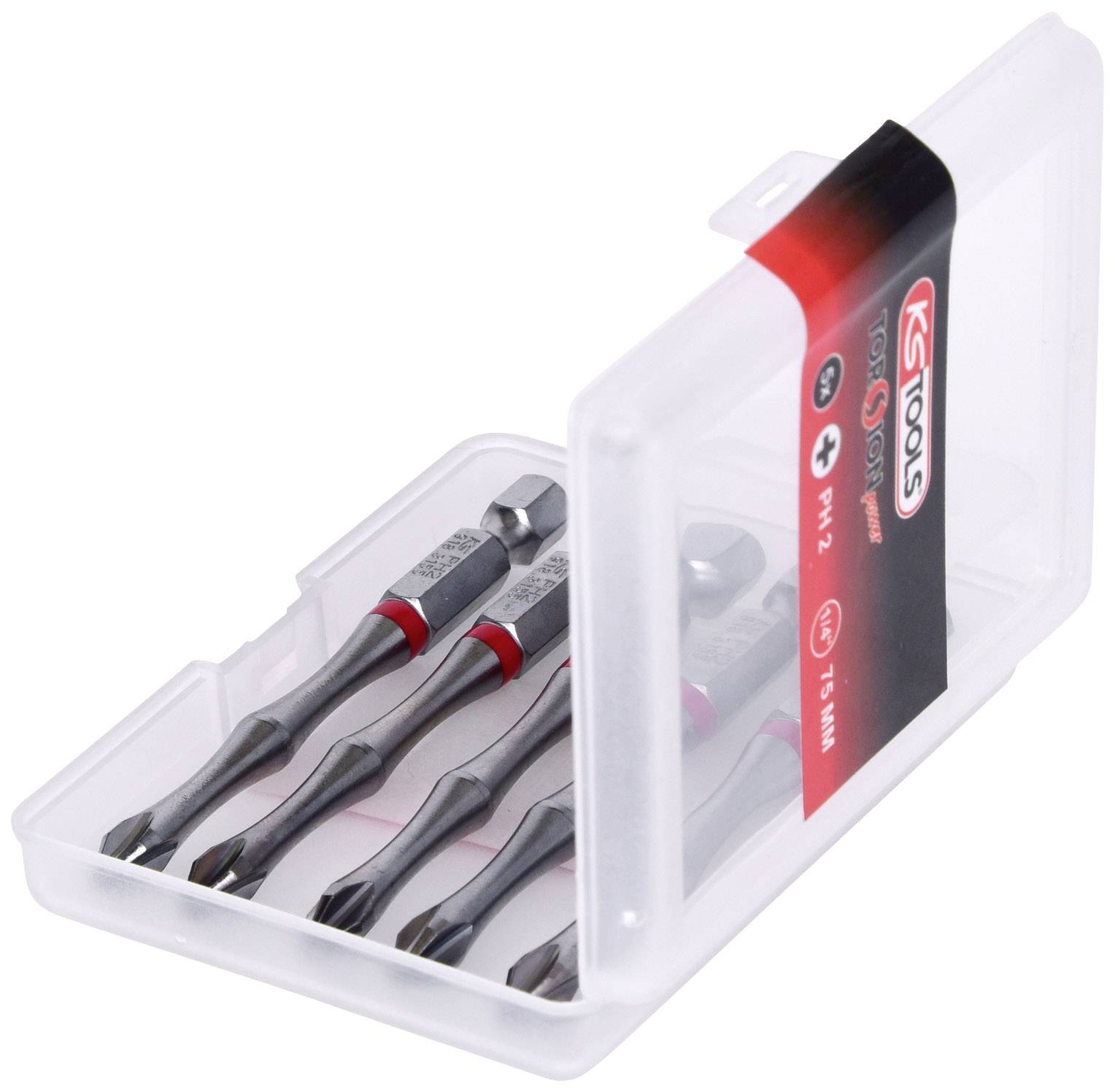 Ein Set von vier Schraubendreher-Bits in einer transparenten Plastikbox von 'KS Tools', geeignet für verschiedene Schraubenköpfe.