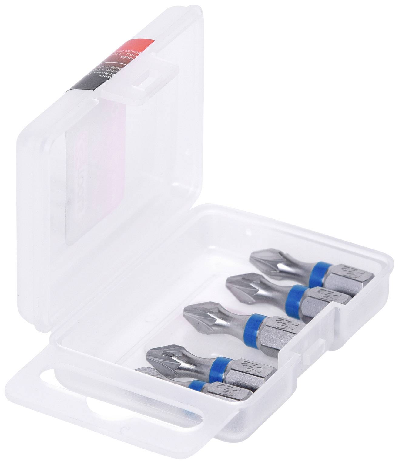 Plastikbox mit geöffnetem Deckel, enthält vier silberne Schraubendreher-Bits mit blauen Markierungen zur Identifikation.