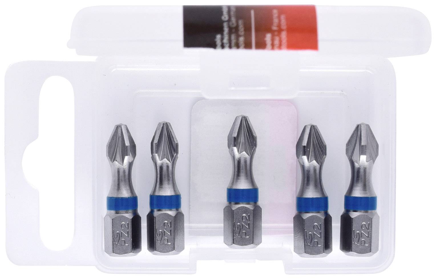 Fünf Kreuzschlitzbits mit blauen Ringen, in einer transparenten Kunststoffbox angeordnet.