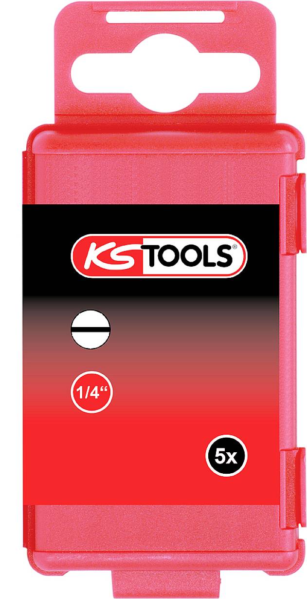 Rote Plastikverpackung von KG Tools mit einem Logo, einem Symbol für flache Bits, der Größe '1/4