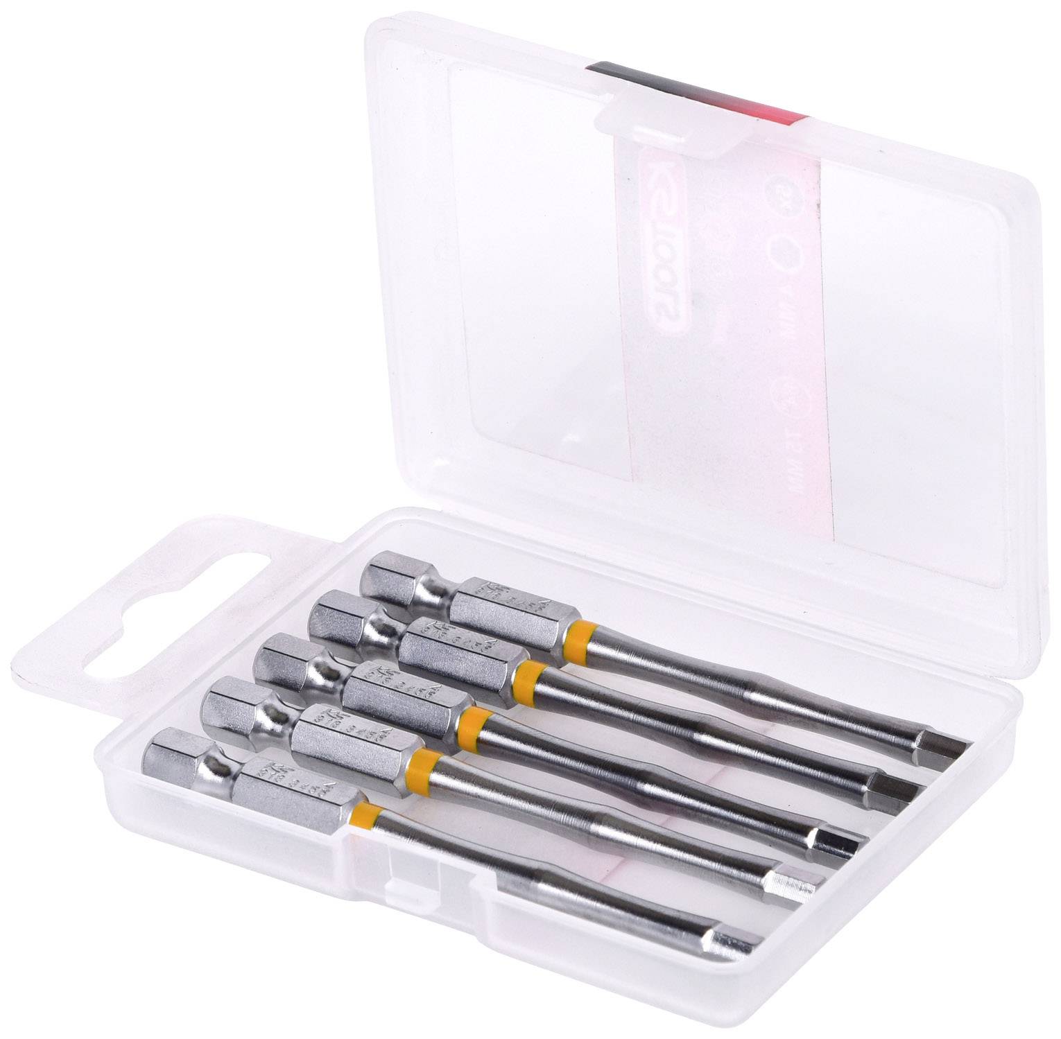 Ein transparentes Plastikgehäuse mit sechs länglichen Metall-Schraubendreher-Bits mit orangefarbenen Markierungen.
