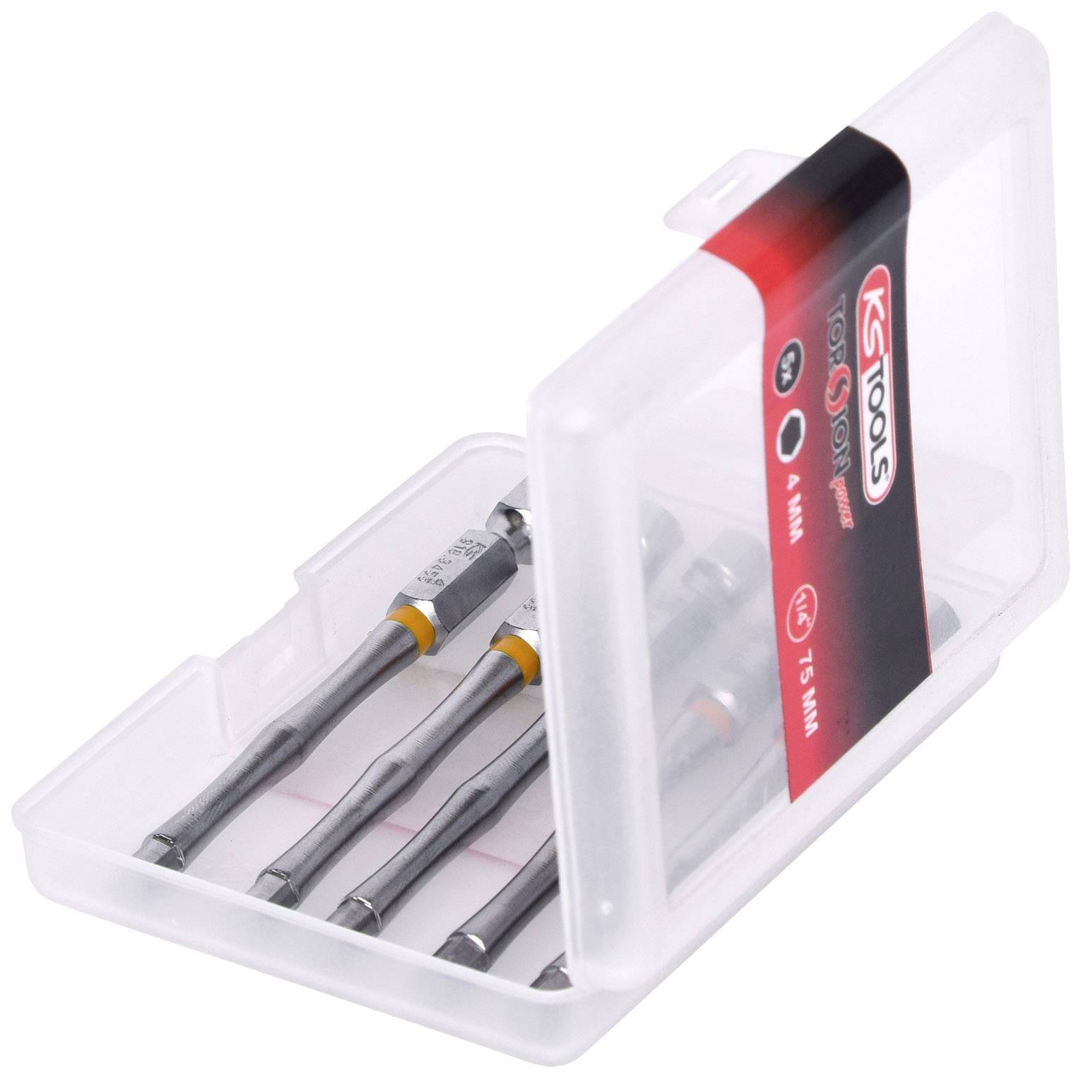 Eine geöffnete Plastikbox enthält vier Schraubendreher-Bits. Die Verpackung zeigt das Logo 'KS Tools' und Größenangaben der Bits.