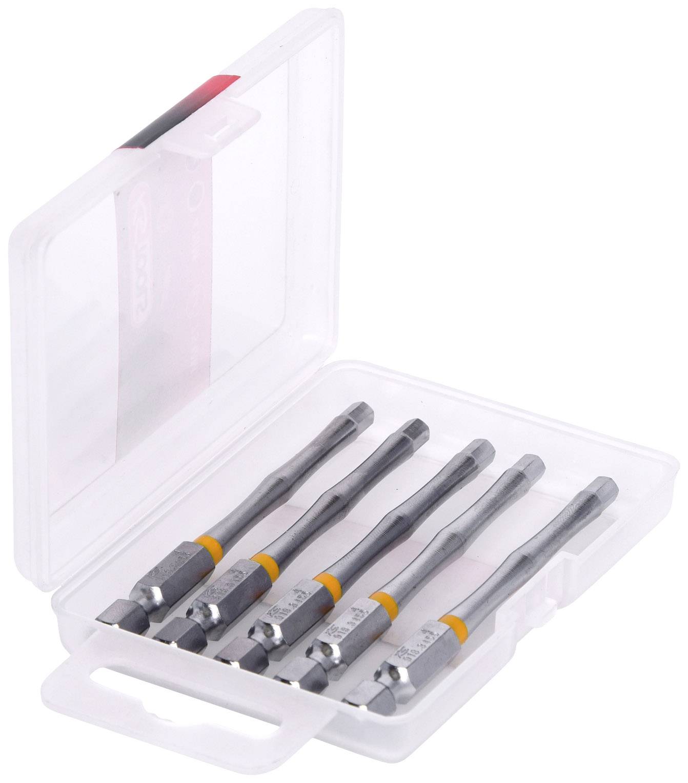 Fünfteiliges Set von Schraubendreher-Bits in einer durchsichtigen Plastikbox. Ideal zum präzisen Arbeiten mit Schrauben.