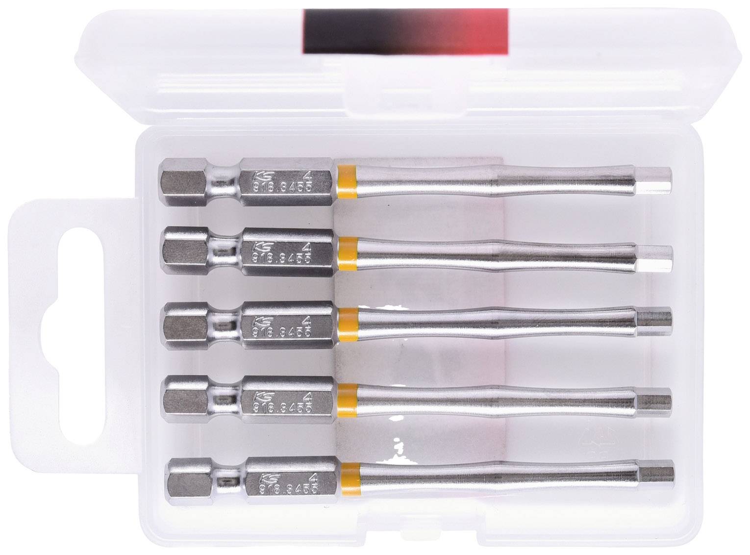 Fünf silberne Sechskant-Bitverlängerungen in einer transparenten Kunststoffbox, geeignet für Schraubendreher oder Bohrmaschine.