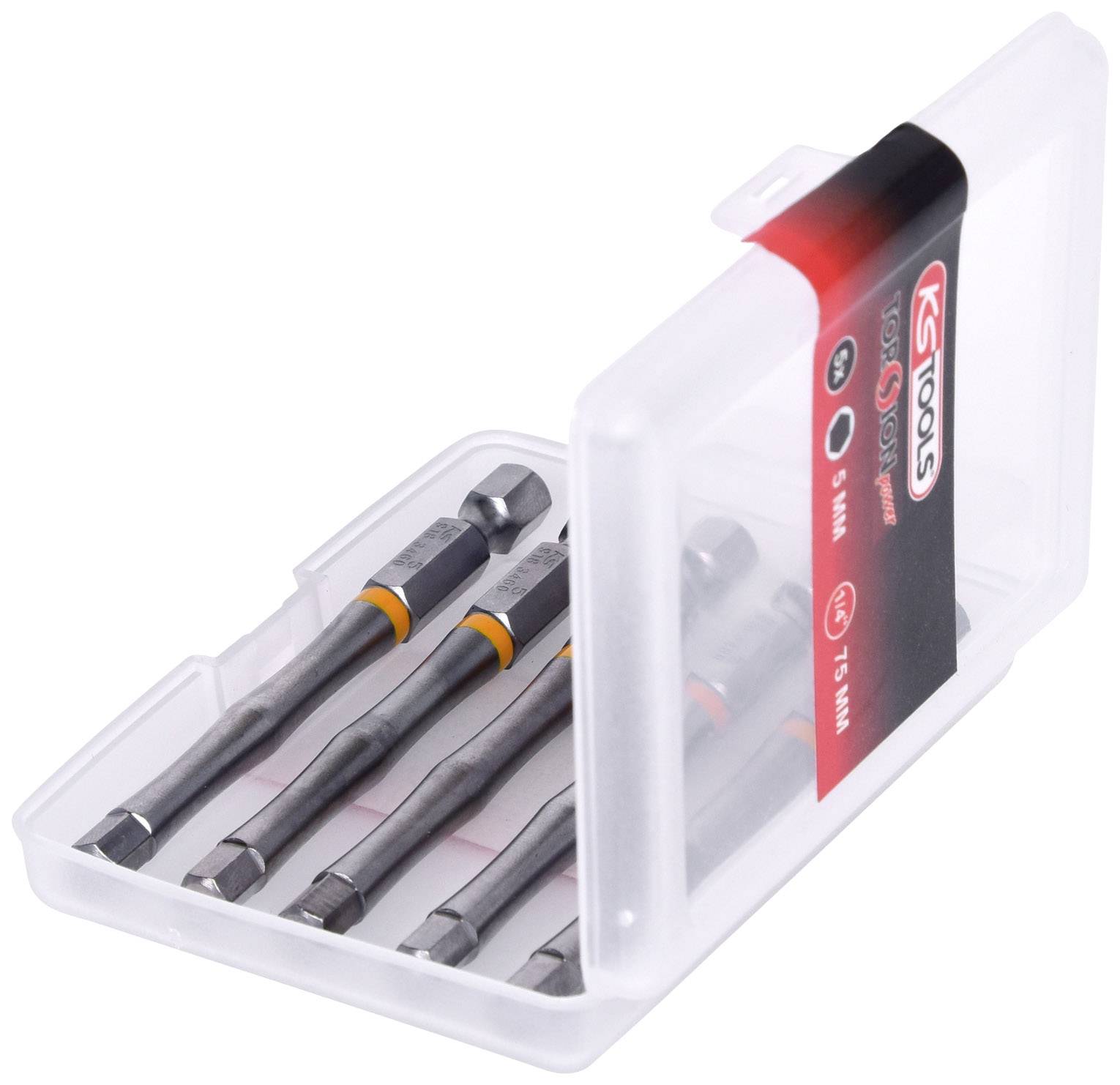 Ein offener Kasten mit vier Schraubendrehereinsätzen in verschiedenen Größen von 'KS Tools', erkennbar an roten und schwarzen Markierungen.