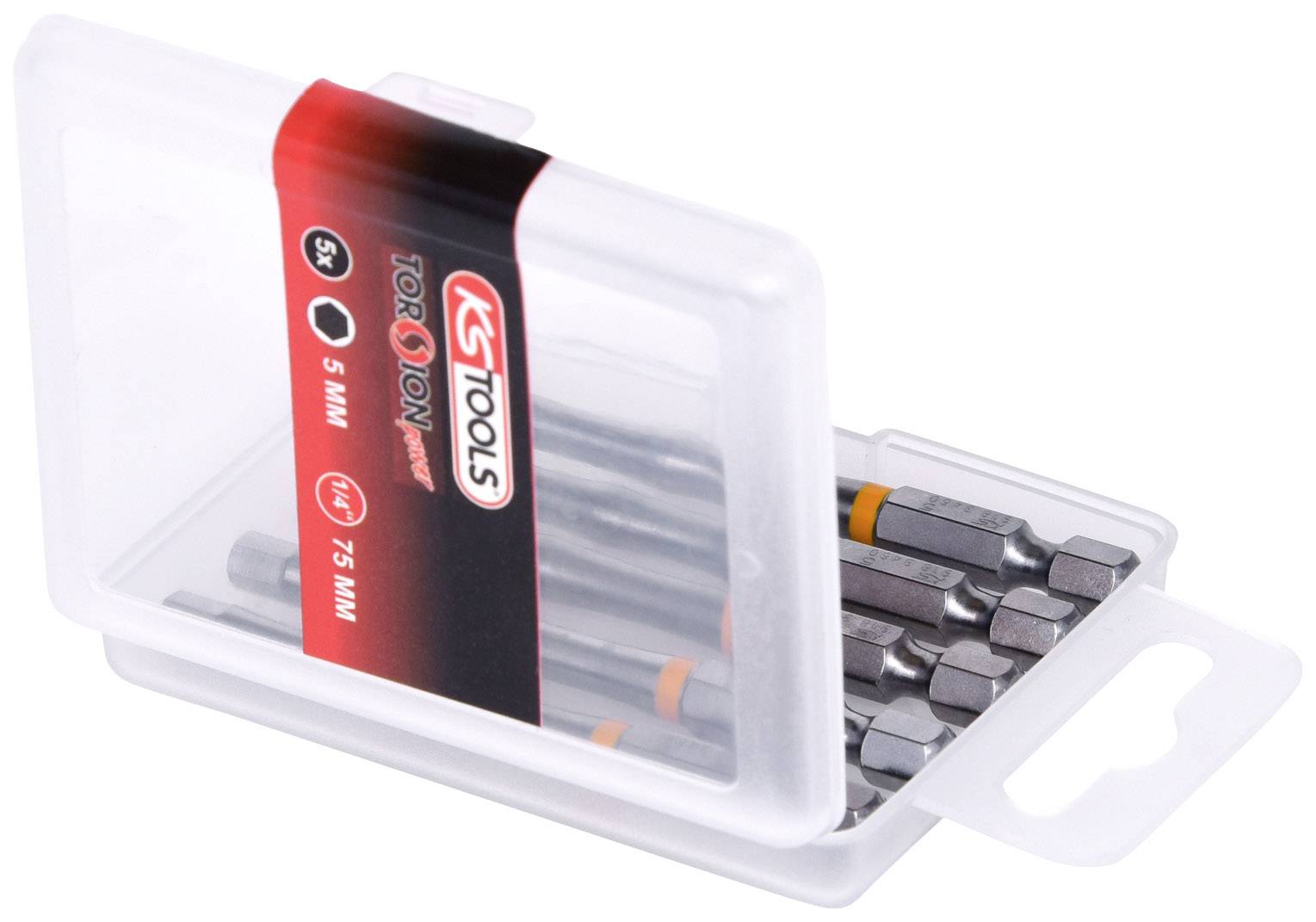 Ein offener Plastikbehälter mit mehreren Schraubendrehereinsätzen. Etikett auf der Schachtel zeigt 'KS Tools Torsion' und Größe (5 x 75 mm).