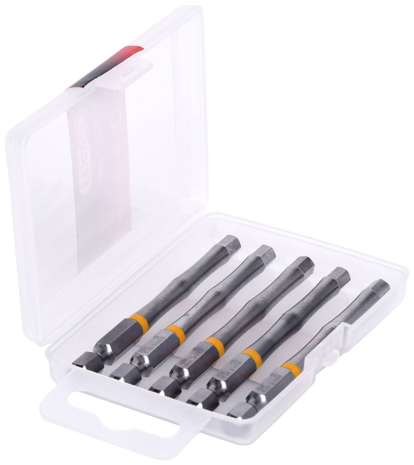 Ein transparentes Kunststoffetui mit fünf Schraubendreherbits, die orangefarbene Markierungen tragen.