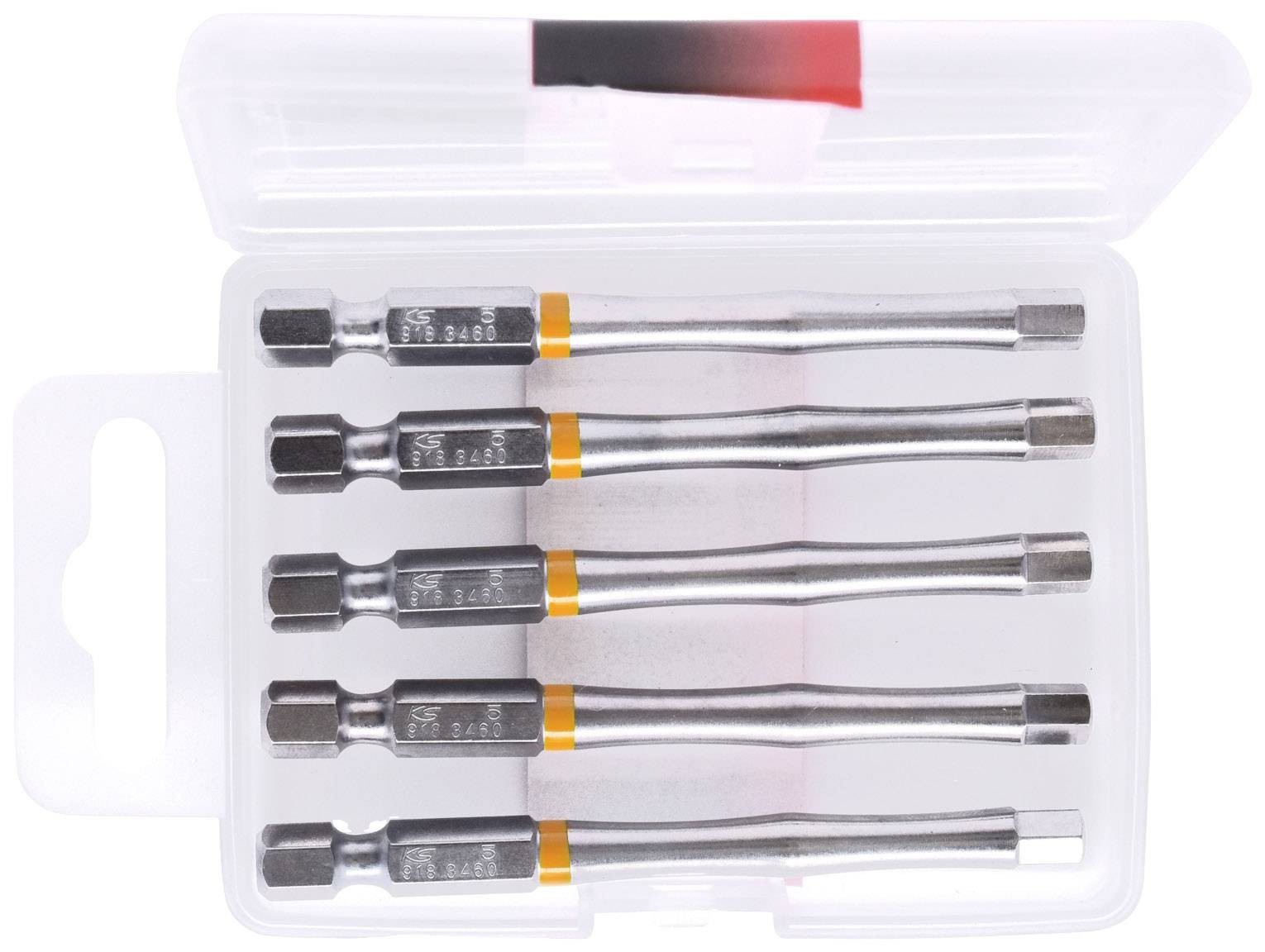 Set mit sechs Magnetbits in Kunststoffbox. Jeder Bit ist mit farbigem Ring gekennzeichnet. Für Schraubendreher geeignet.