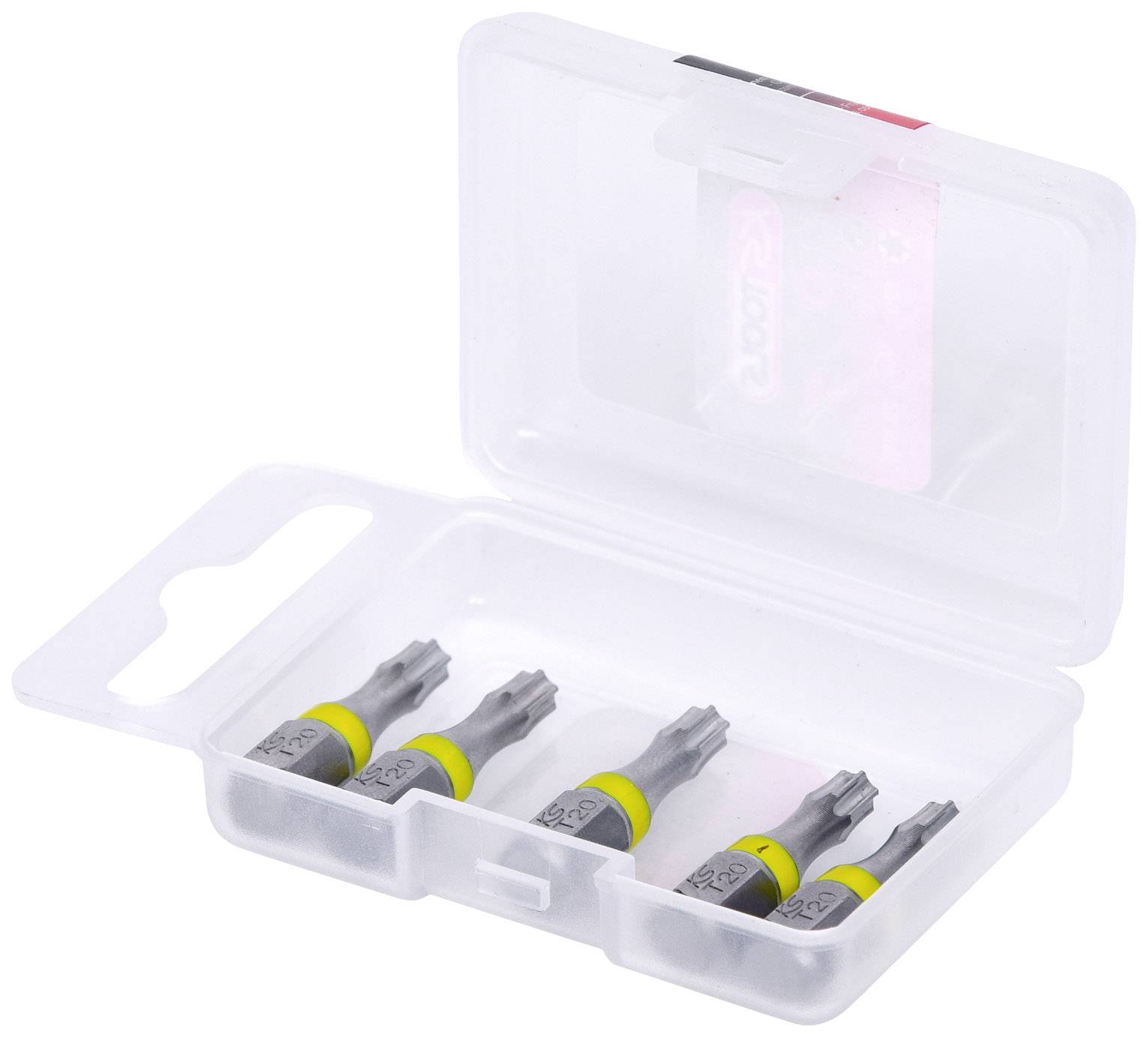 Durchsichtige Kunststoffbox mit fünf abgeflachten Metallobjekten, jeweils mit gelbem und grauem Band umwickelt.