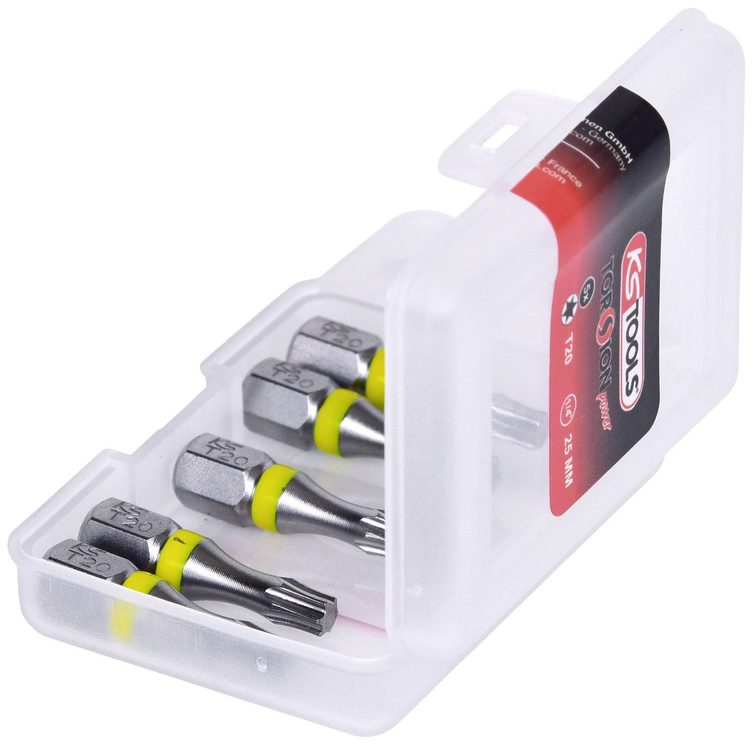 Satz mit vier Torx-Bit-Aufsätzen in einer transparenten Kunststoffbox, geeignet für präzise mechanische Arbeiten.