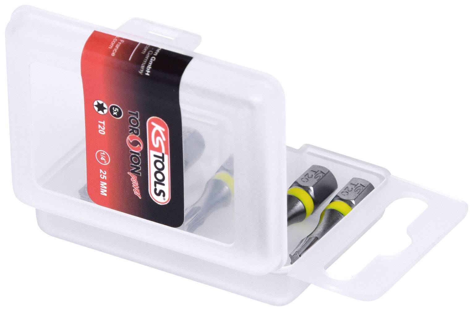 Eine transparente Kunststoffverpackung mit zwei Bits, beschriftet mit 'KS TOOLS TORSIONpower T20, 25 mm'.