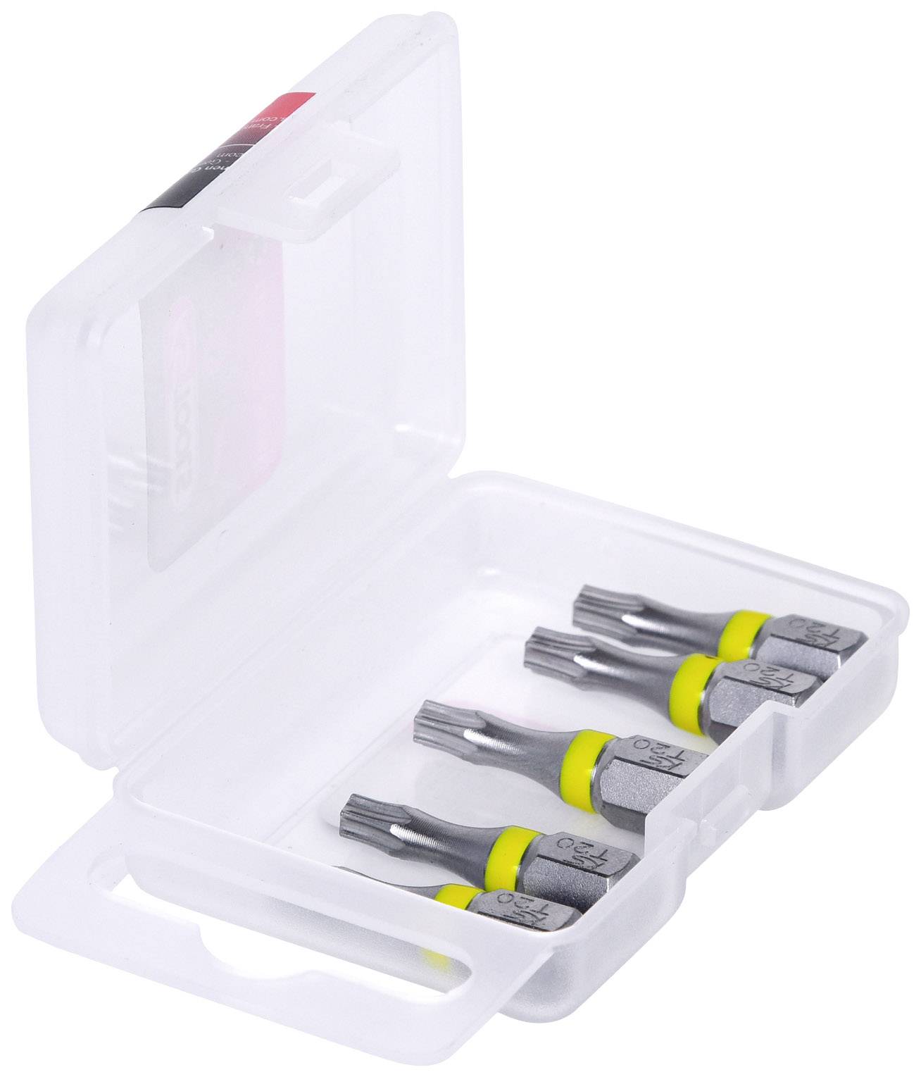 Ein transparentes Kunststoffetui enthält drei Metallbits mit gelben Markierungen, einzeln in Fächern platziert.