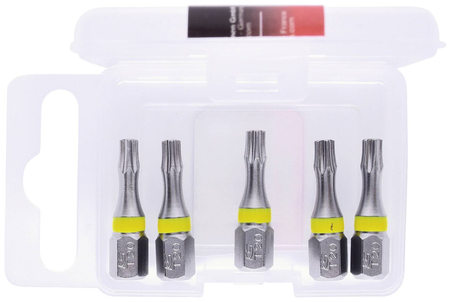 Fünf Vorsatzbits mit gelbem Ring in einer transparenten Kunststoffbox. Jedes Bit hat eine spezielle Verzahnung für Schraubendreher.