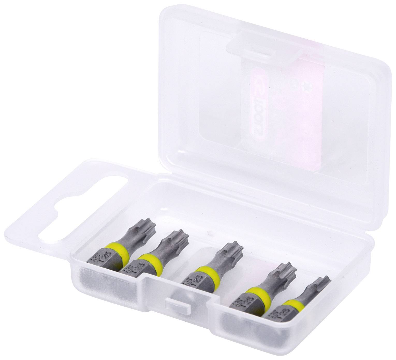 Kunststoffbox mit geöffnetem Deckel, enthält fünf silberne Torx-Bits mit gelben Details.