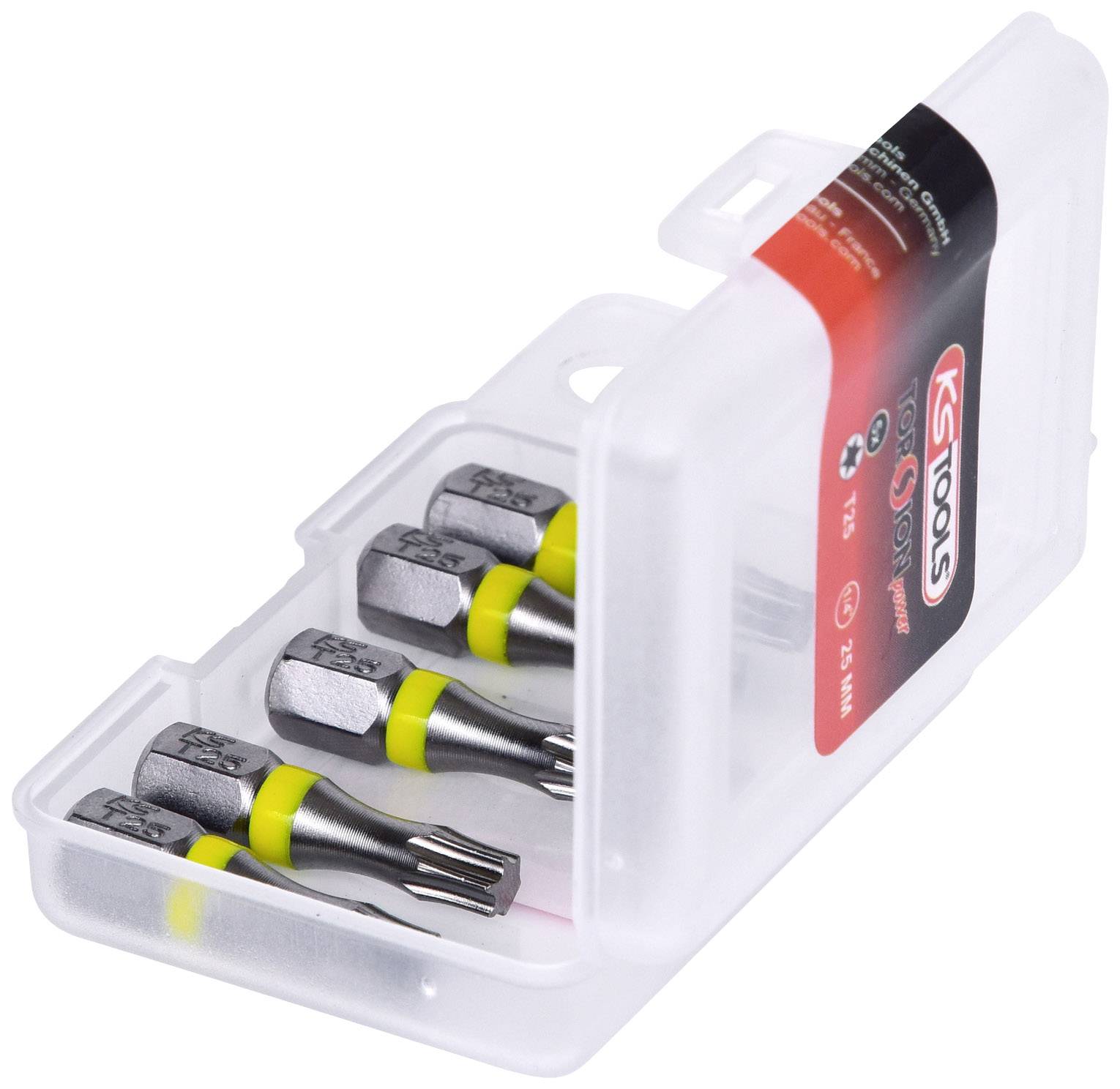 Ein geöffnetes Kunststoffetui mit Torx-Bits der Größe T25, umgeben von einer transparenten Verpackung, auf der 'KS Tools' steht.
