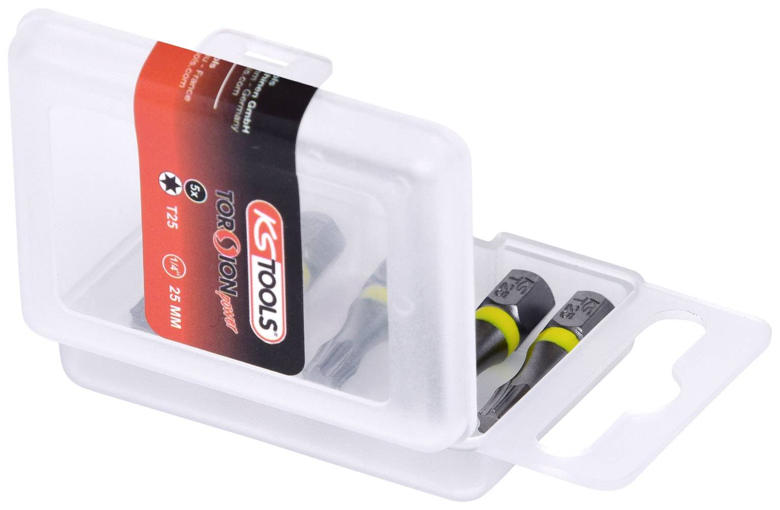 Kunststoffbox mit drei Torsionsbits von KS Tools, geeignet für Anwendungen mit 25 Nm. Ideal für präzise Schraubarbeiten.