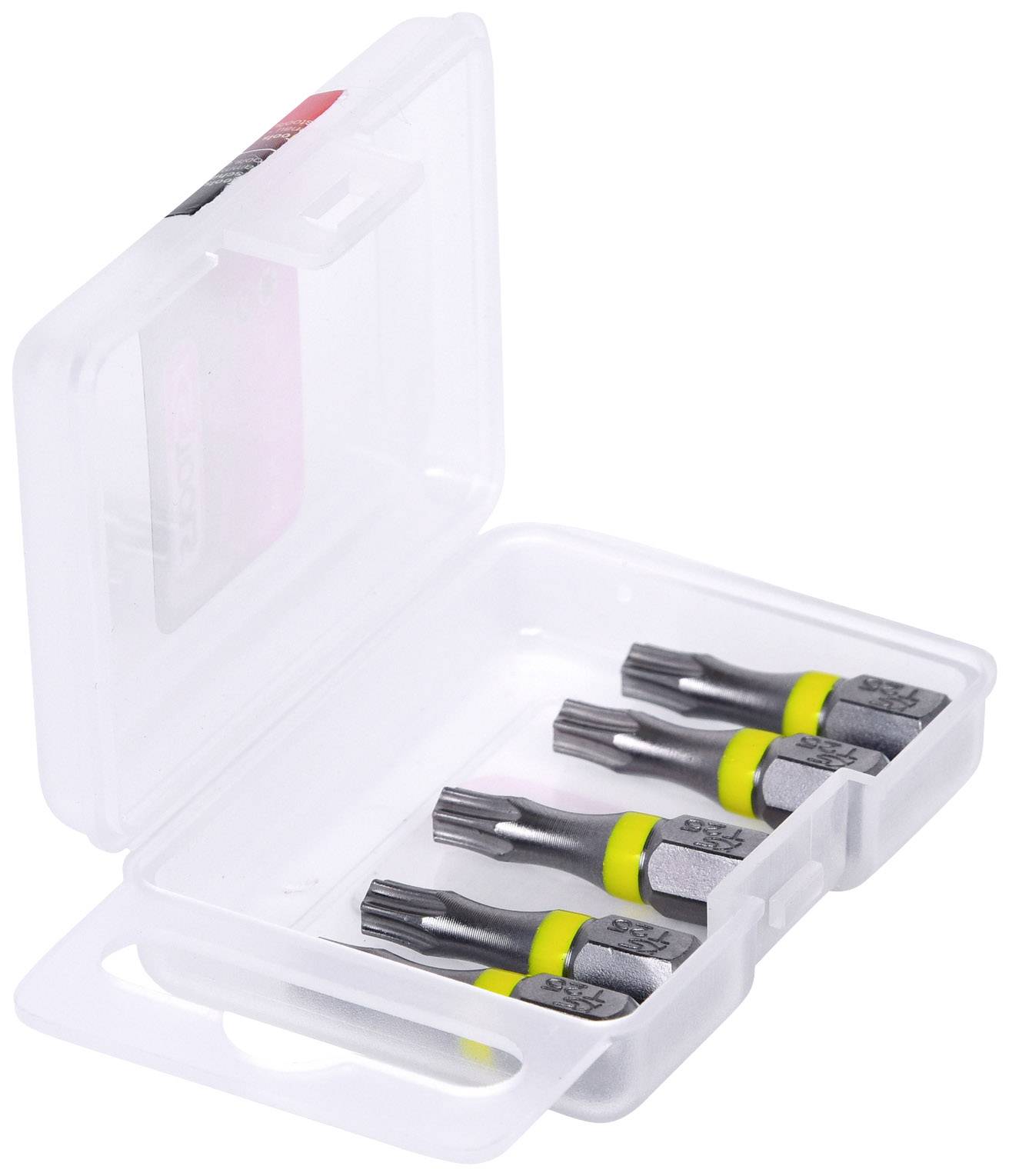Ein Set aus fünf sternförmigen Schraubendreher-Bits in einer transparenten Kunststoffbox.