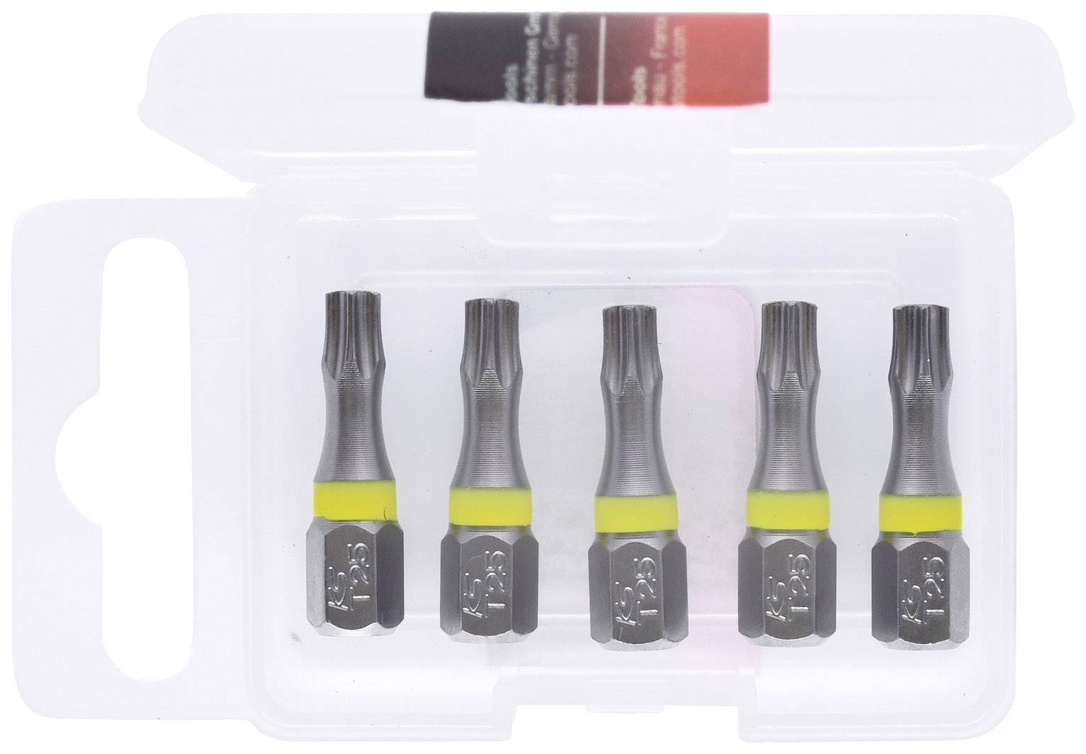 Fünf Torx-Bits in einer durchsichtigen Plastikbox, mit gelber Markierung. Geeignet für Schraubendreher.