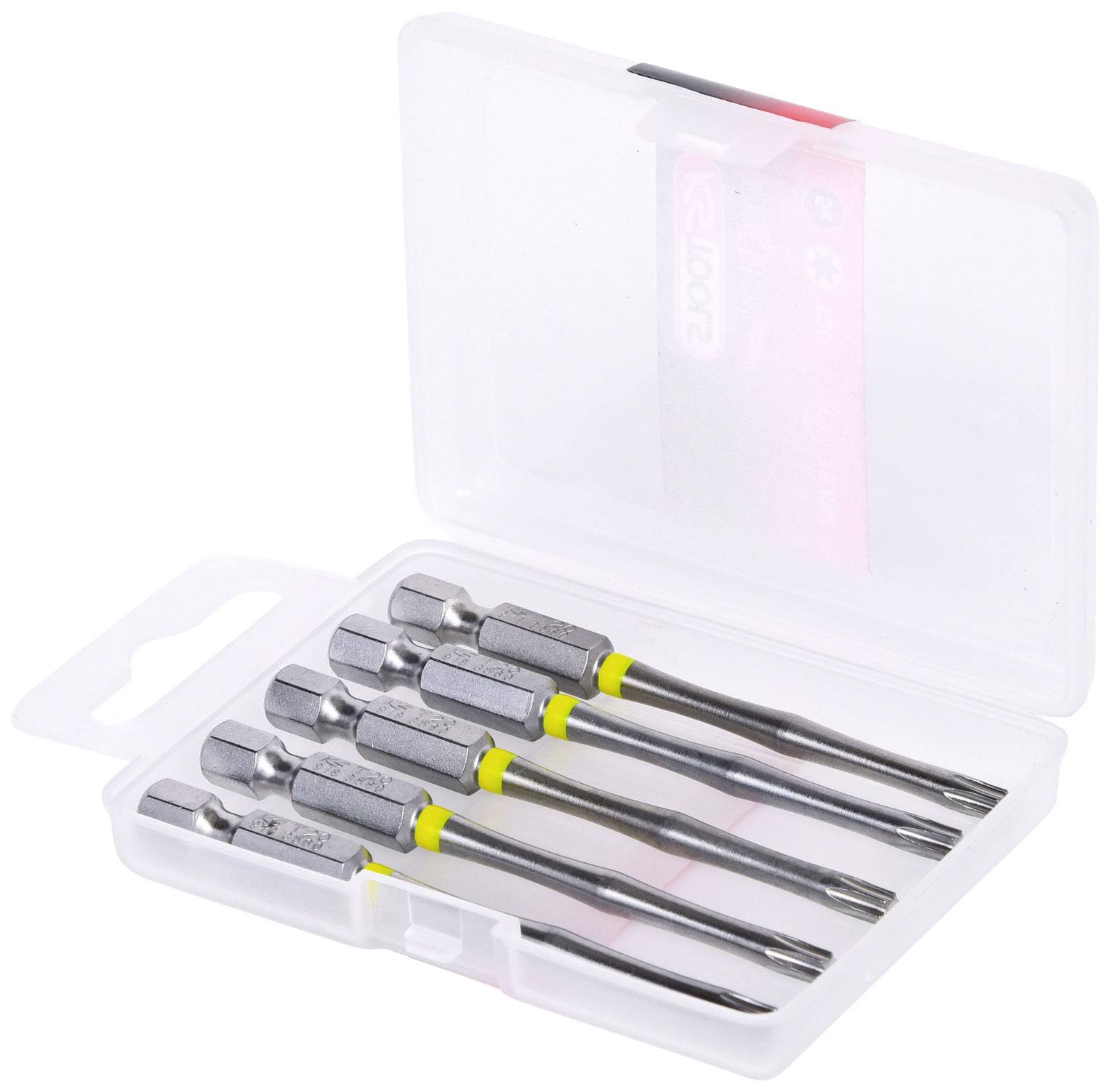 Fünf Schraubendreher-Bits mit gelben Markierungen in einer offenen transparenten Kunststoffbox, auf weißem Hintergrund.